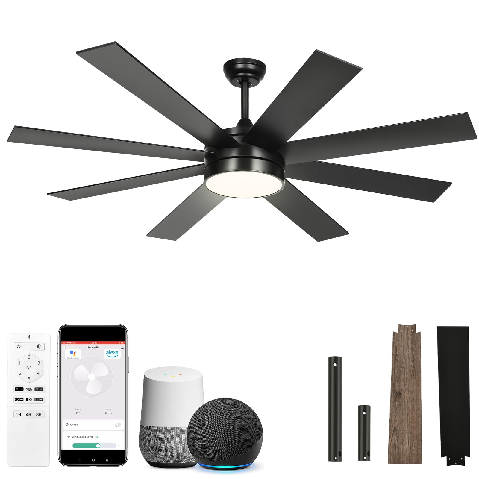 YITAHOME 60 Inch Black Ceiling Fan with Lights and Remote,8 Blades,App Control, Modern Smart Ceiling Fan Compatible with Alexa for Indoor, Reversible Quiet Motor, Memory Function