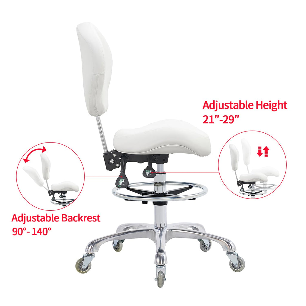 Grace&grace Drafting Chair Adjustable Tall Shop Stool, Rolling Stool with Back Support for Studio, Classroom, Lab, Counter, Medical (white)