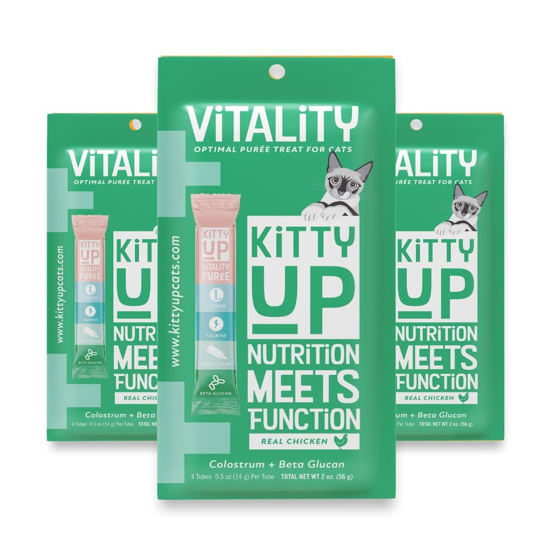 Kitty Up Lickable Cat Treats - Vitality Chicken Puree Squeeze Tubes with Lysine, Taurine & Beta Glucan | Immune Support for Indoor Cats (12 Pack)