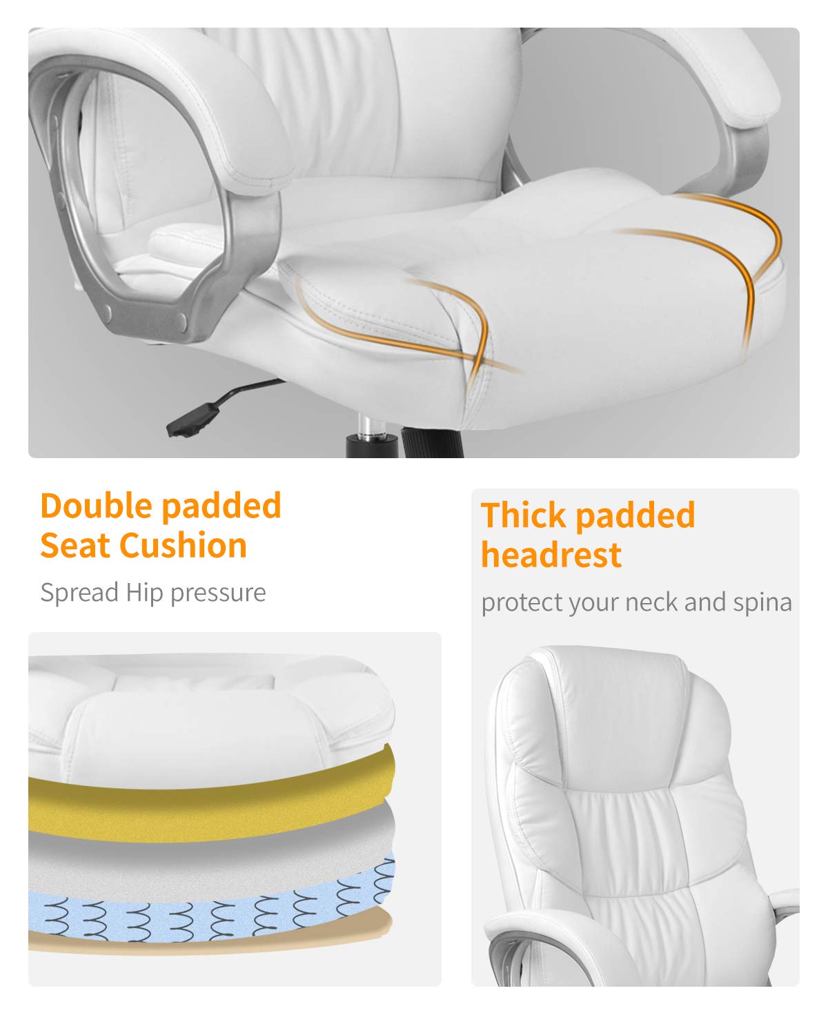 Office Chair Computer High Back Adjustable Ergonomic Desk Chair Executive Pu Leather Swivel Task Chair with Armrests Lumbar Support (white)