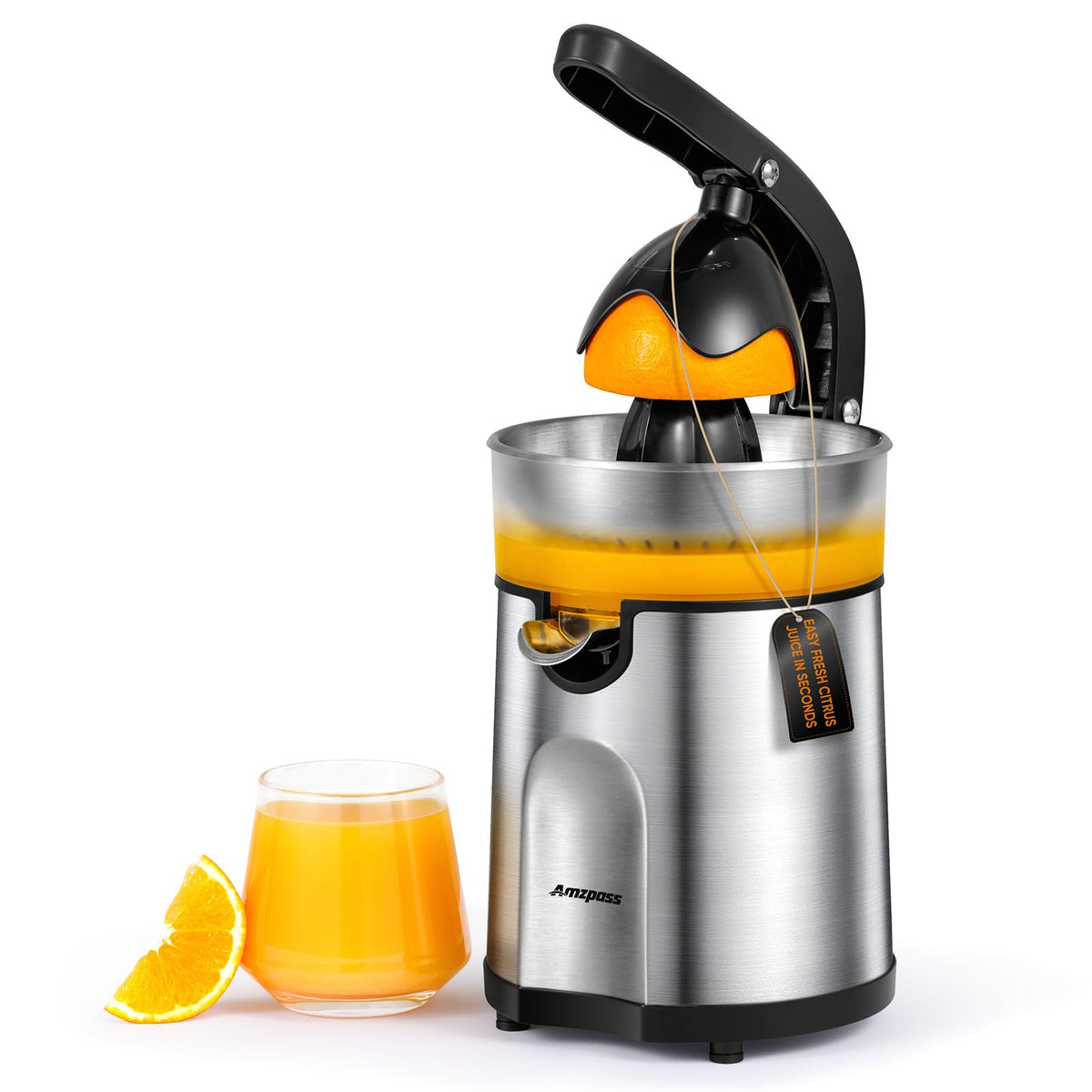 Electric Orange Juicer, Citrus Juicer Squeezer with 2 Interchangeable Cones, 160W Electric Juicer Machine with Stainless Steel Body & Transparent Juice Collector for Lime Grapefruit Lemon