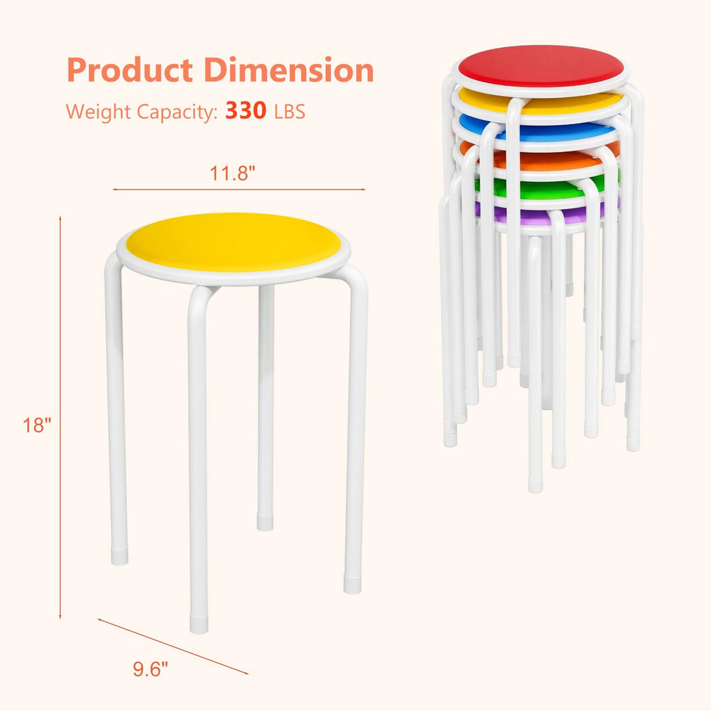 Vingli 18 Inch Padded Stacking Stools 6 Pack, White Metal Round Stool, 18 Inches, White Legs