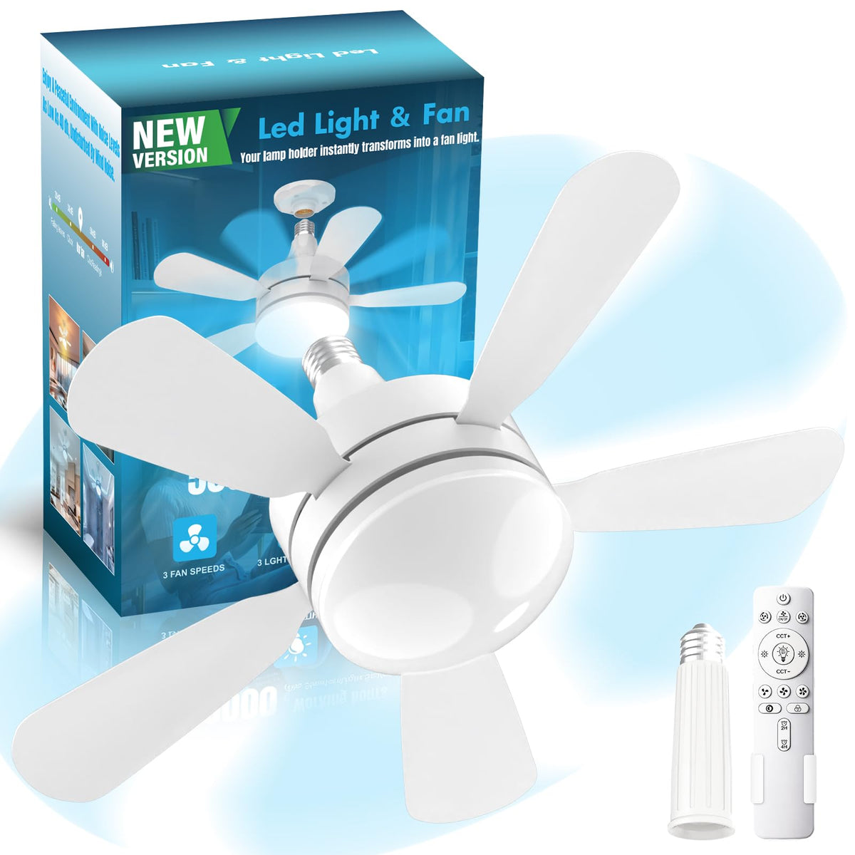 17.7" Socket Fan Light, 3000 Lumens Small Ceiling Fans with Lights and Remote, E26/E27 Light Bulb Fan with Reversible Motor, Dimmable 3000K-6500K Light Socket Fan for Bedroom Kitchen Garage