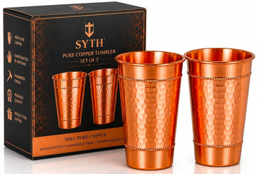 SYTH Pure Copper Tumbler Set of 2 – 100% Pure Copper Drinking Cups, Handcrafted Hammered Copper Water Glasses, 12 oz Reusable Metal Drinkware, Premium Gift Set for Home, Kitchen & Gifting