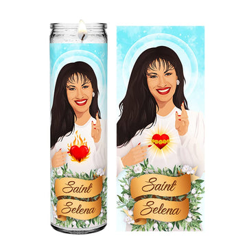 Saint Selena Quintanilla Pérez Celebrity Queen of Tejano Music Prayer Devotional Parody Candle, 8" white unscented glass