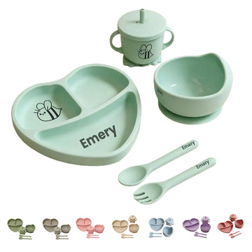 Personalized Baby Feeding Set - 5-Piece Silicone Suction Plates, Bowls, Utensils & Cup, BPA-Free - Ideal Baby-Led Weaning Gift