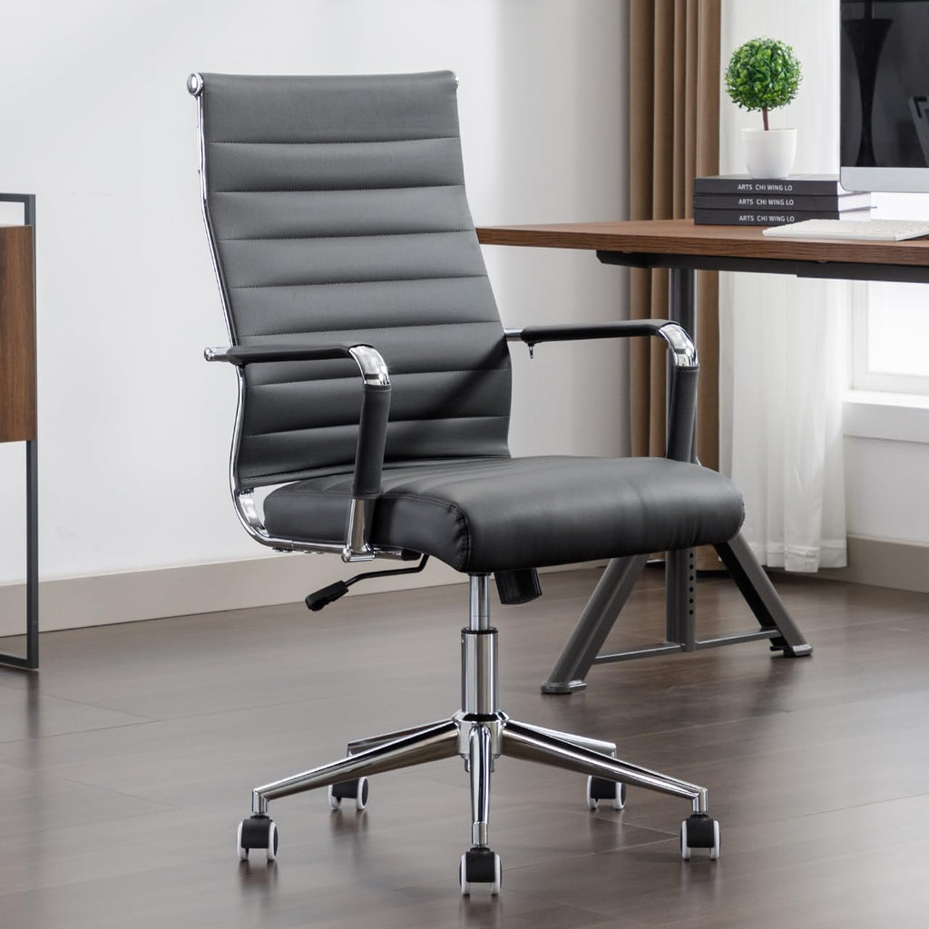 Office Desk Chair Leather, Conference Room Chairs with Wheels, Executive Modern High Back Ergonomic Swivel Rolling Ribbed Computer Chair