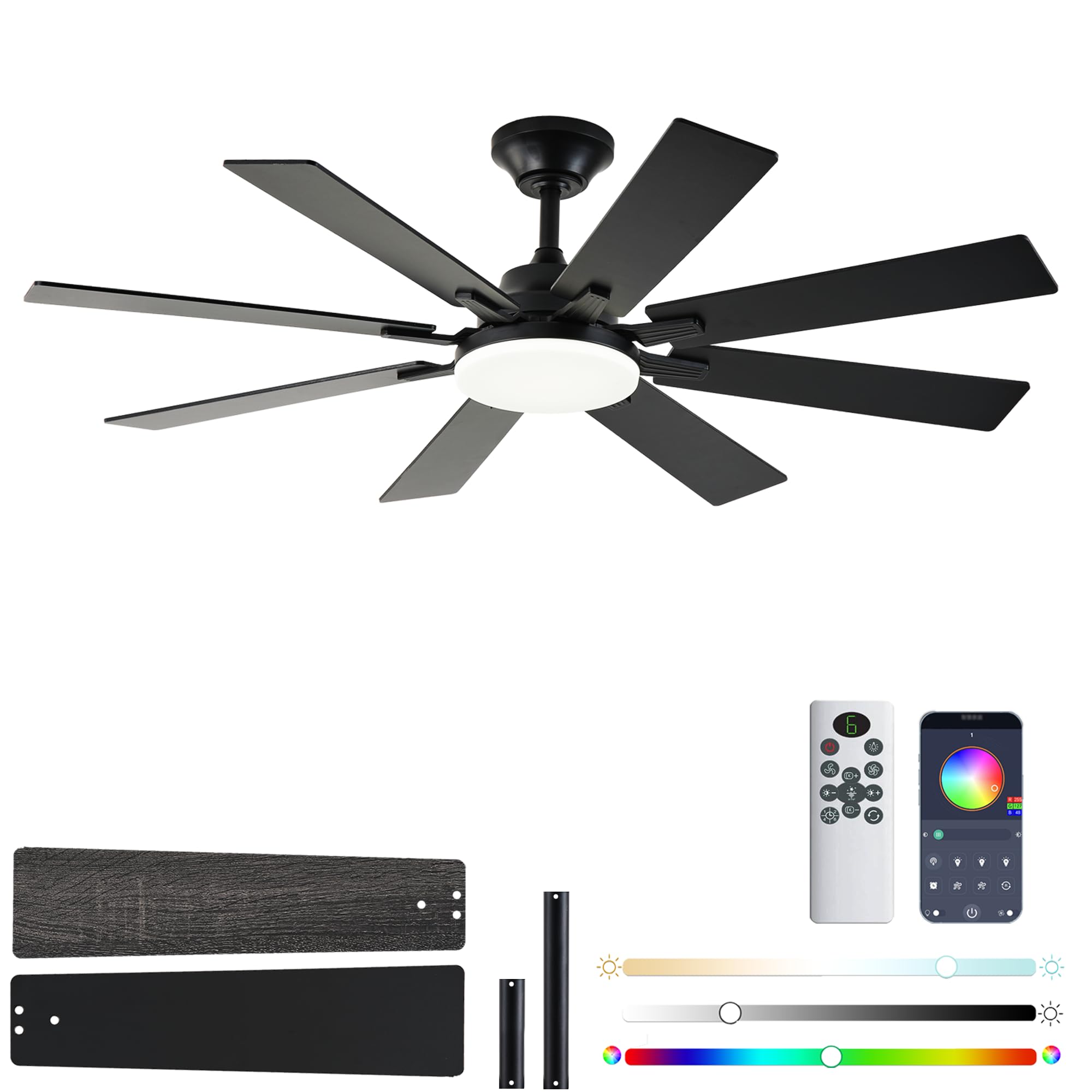 Ceiling Fans with Lights, 52 Inch Ceiling Fan with Light and Remote Control, Reversible DC Motor, 3CCT, Dimmable, Timer, Noiseless, Black Ceiling Fan for Bedroom Living Room, Indoor/Outdoor Use