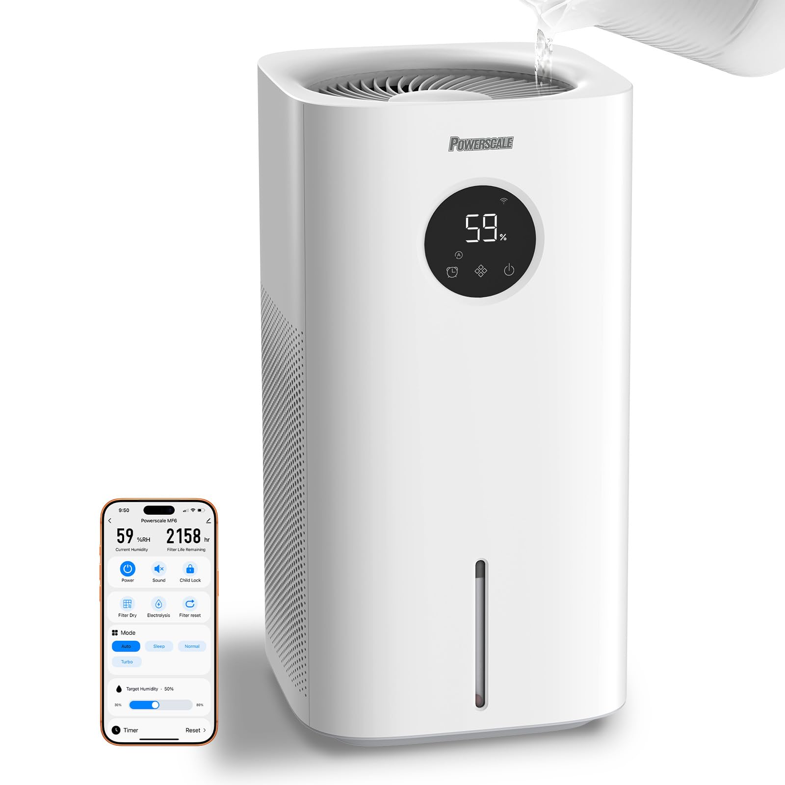 Powerscale MF6 Evaporative Humidifiers for Bedroom, 1.8 Gal Top-Fill, Up to 700mL/h Mist-Free Output, WiFi Smart Touchscreen Control, Auto Filter Dry, Electrolysis Self-Clean, Quiet Sleep Mode