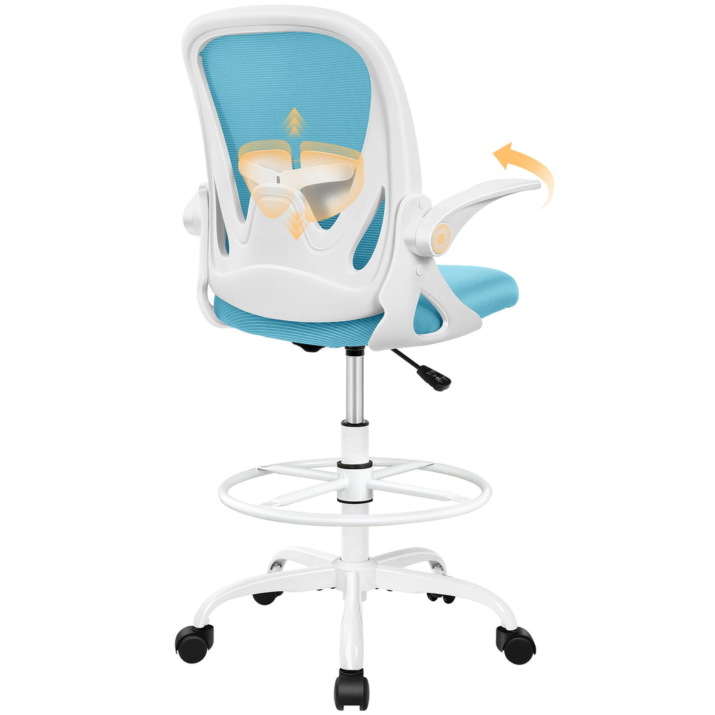 Primy Drafting Chair Tall Office Chair with Flip-up Armrests Executive Ergonomic Computer Standing Desk Chair with Lumbar Support and