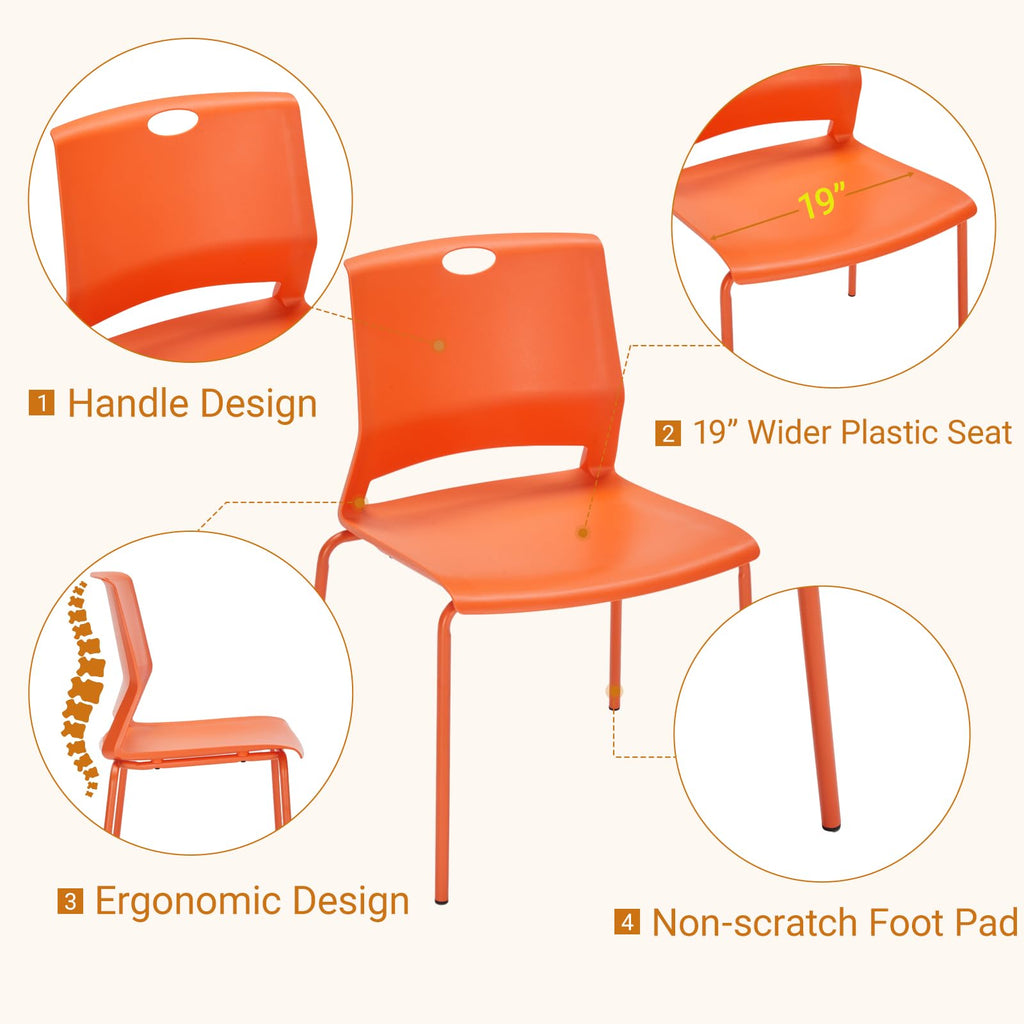 Sidanli Stackable Office Chairs, Orange Guest Chairs with Comfortable Streamline Seat, Stacking Chairs No Wheels for Conference Room, Set of 4