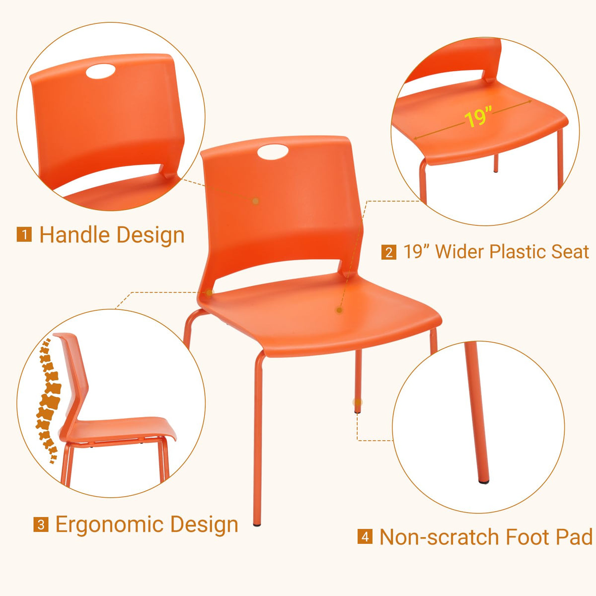 Sidanli Stackable Office Chairs, Orange Guest Chairs with Comfortable Streamline Seat, Stacking Chairs No Wheels for Conference Room, Set of 4