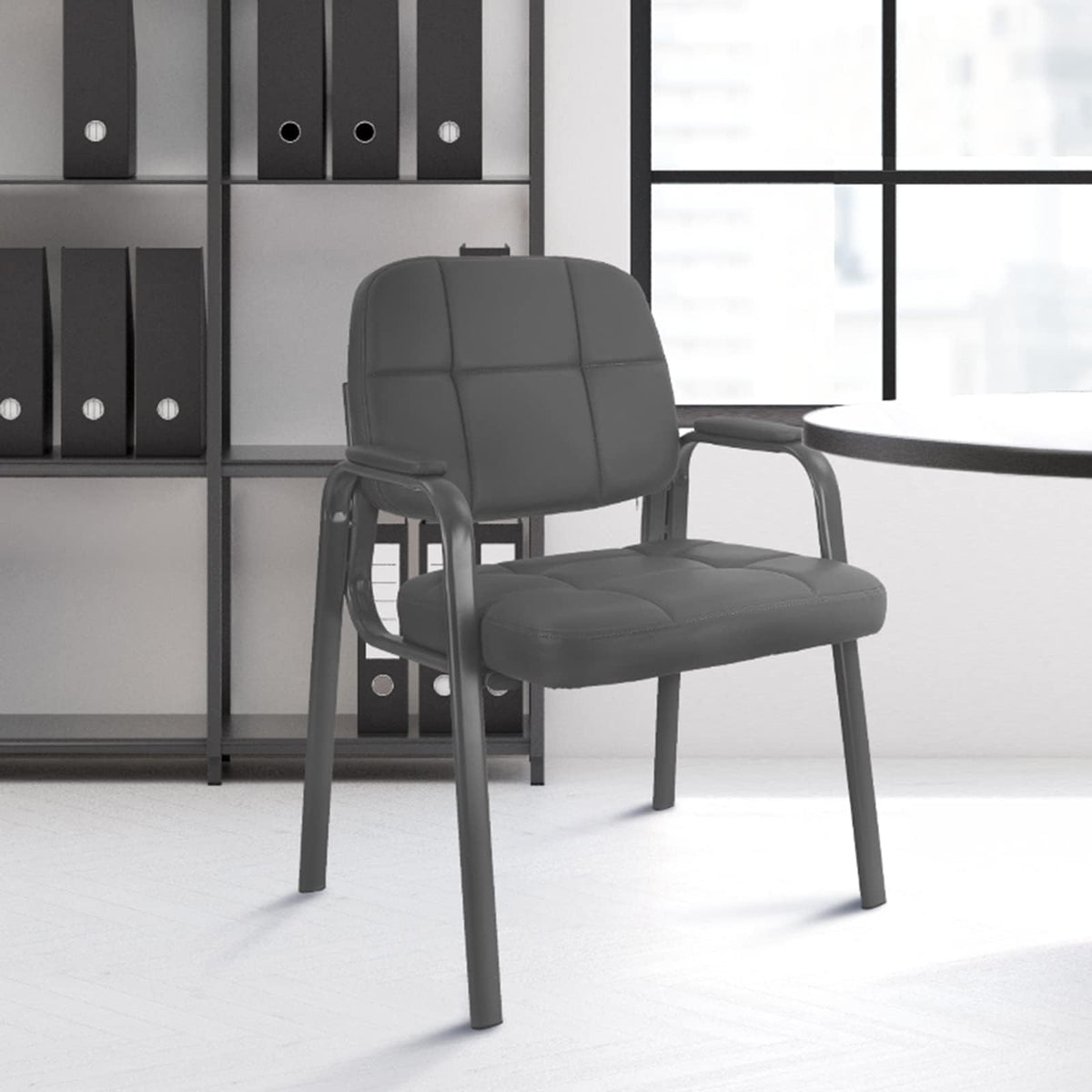 Clatina Leather Guest Chairs, Desk Chair No Wheels, Office Reception with Padded Arms for Office Conference Waiting Room, Grey