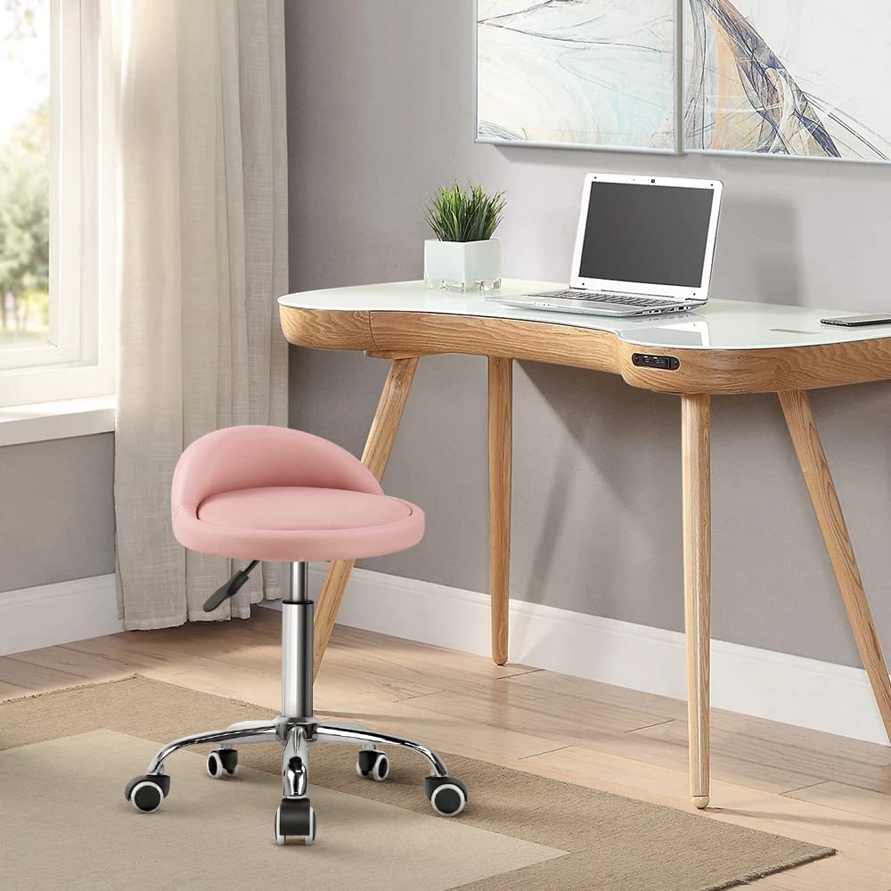 Kktoner Pu Leather Round Rolling Stool with Back Rest Height Adjustable Swivel Drafting Work Spa Task Chair with Wheels Pink