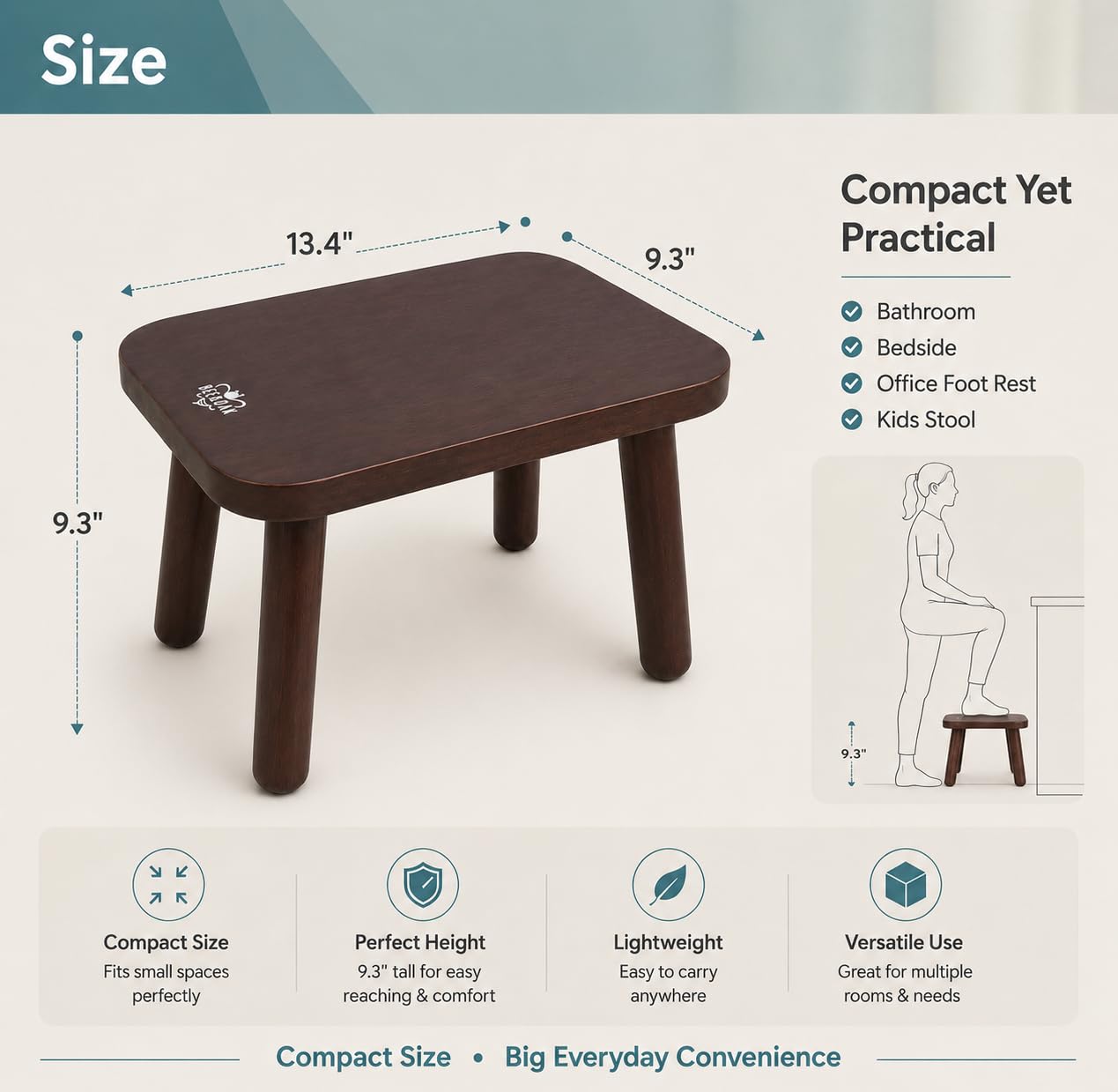 Bee&oak 13.4 Inch Heavy Duty Wooden Step Stools for Adults - Non Slip, 300 Lbs Capacity, Easy Assembly - Ideal Step Stool for High Beds,