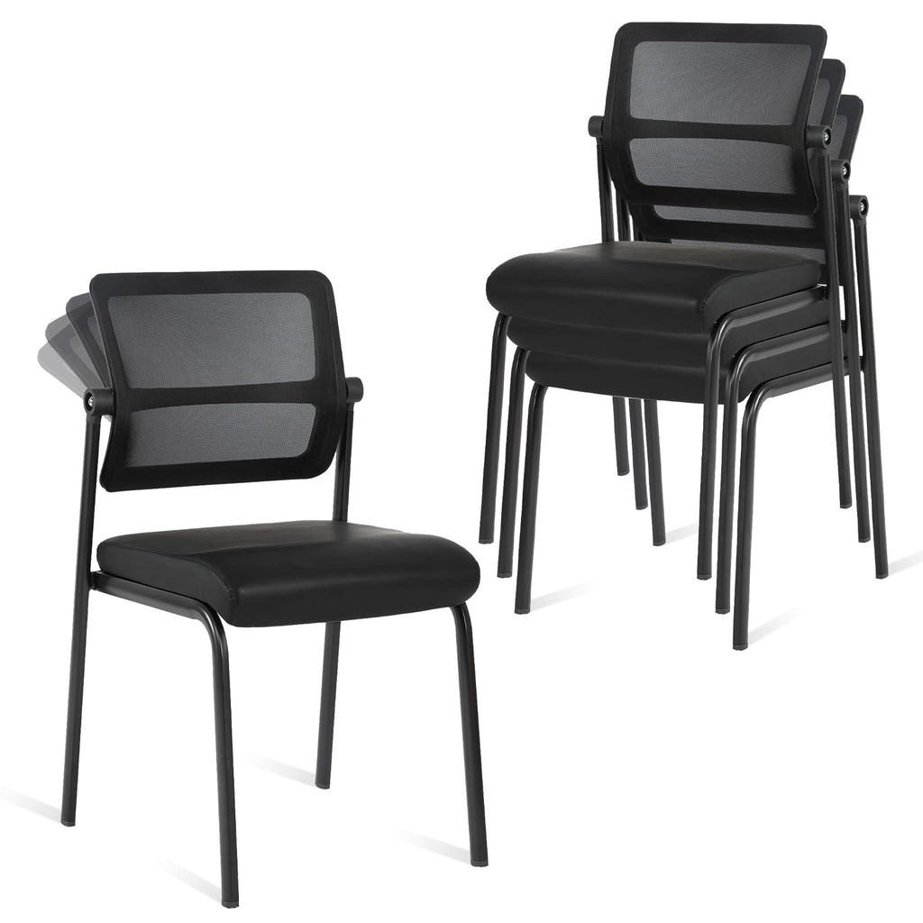 Clatina Stacking Waiting Room Reception Guest Chair, Leather Office Desk Chair with Padded Arms No Wheels Lumbar Support for Home Desk