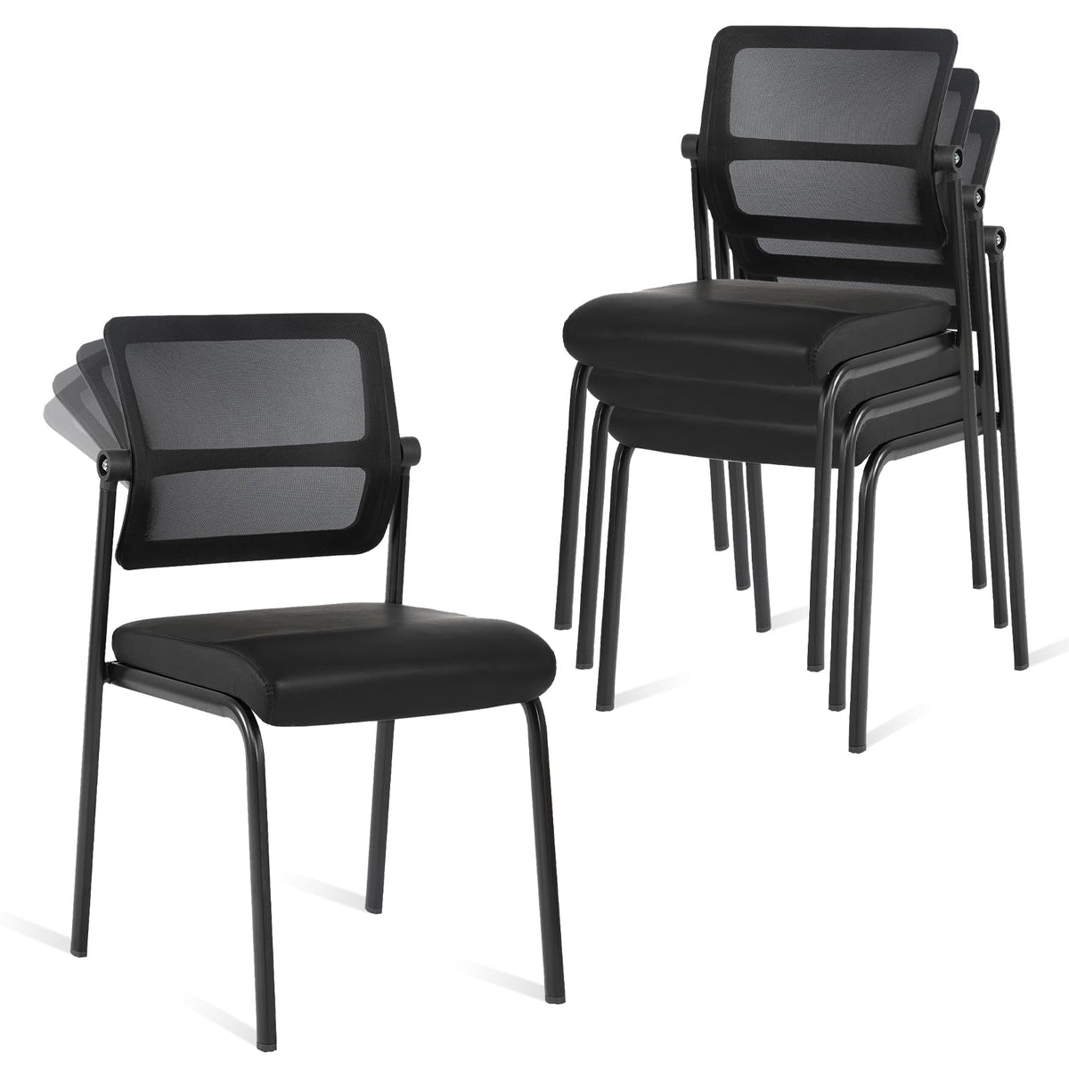 Clatina Stacking Waiting Room Reception Guest Chair, Leather Office Desk Chair with Padded Arms No Wheels Lumbar Support for Home Desk