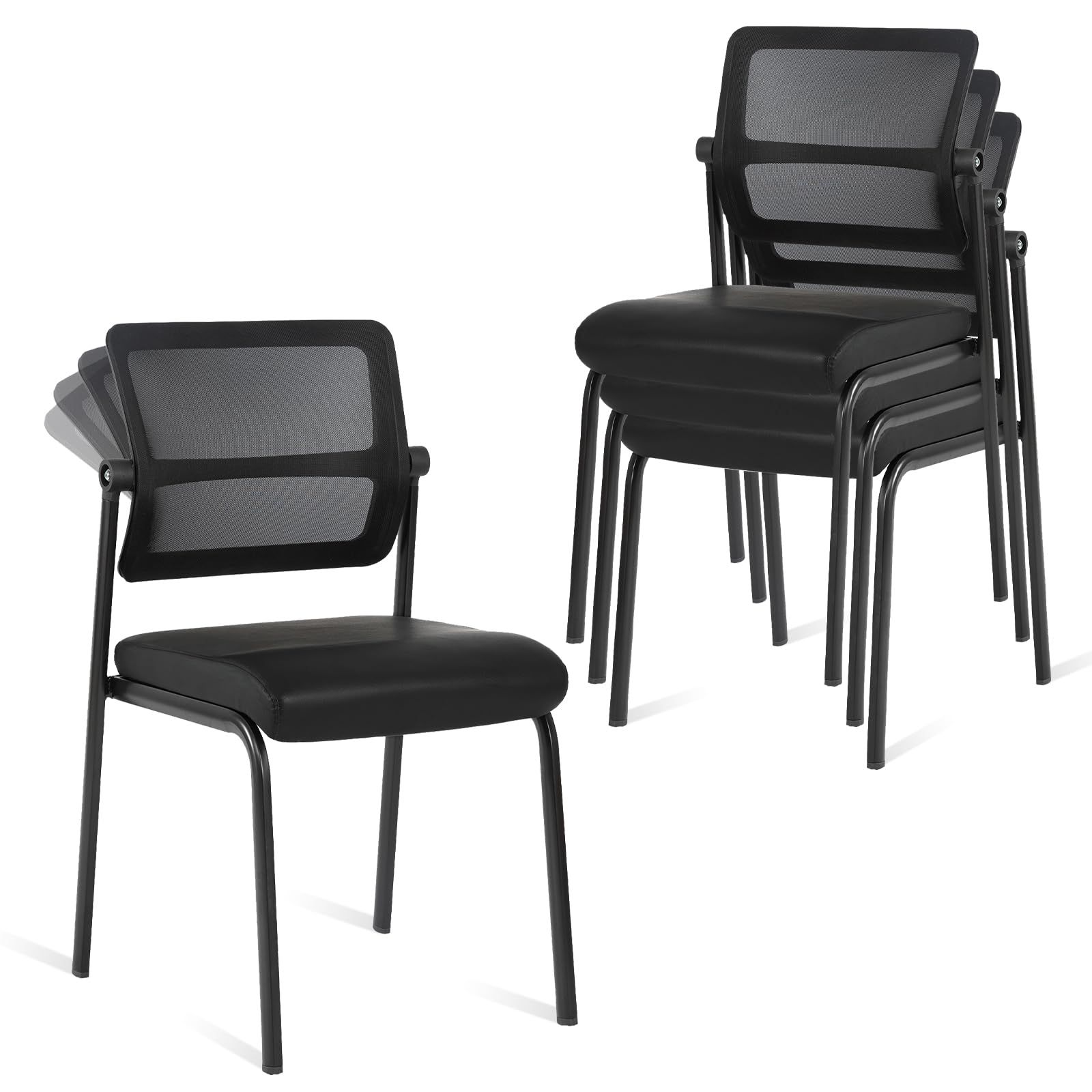 Clatina Stacking Chairs 10 Pk, Adjustable Backrest Stackable Mesh Office Waiting Room Armless Chair with Wheels for Guest Reception Conference