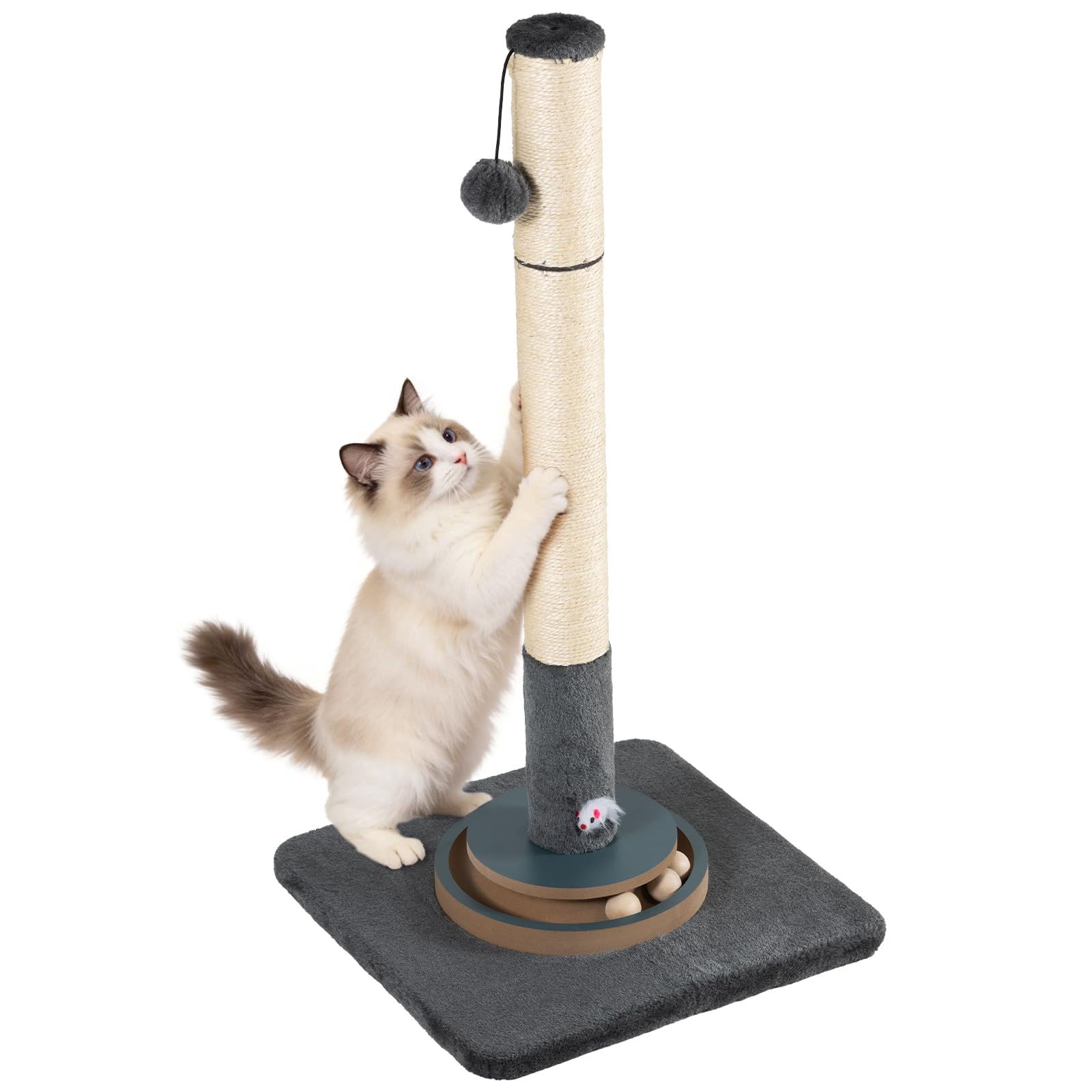 31.5" Tall Cat Scratching Post, Natural Sisal Scratcher with Large Plush Base & Interactive Toys for All Cats?Grey