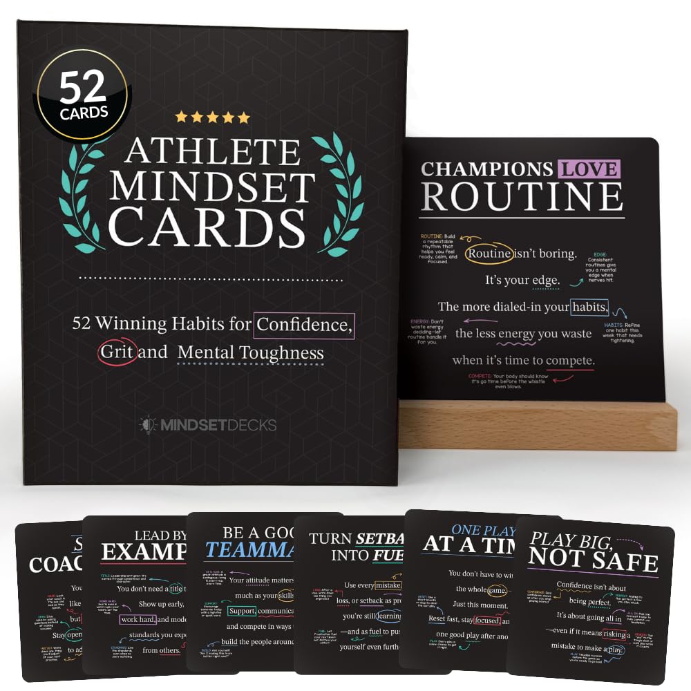 Athlete Mindset & Motivation Cards – 52 Winning Habits for Confidence, Grit & Mental Toughness – For Athletes, Coaches & Parents – Includes Wooden Display Stand – Gift for Athletes & Coaches