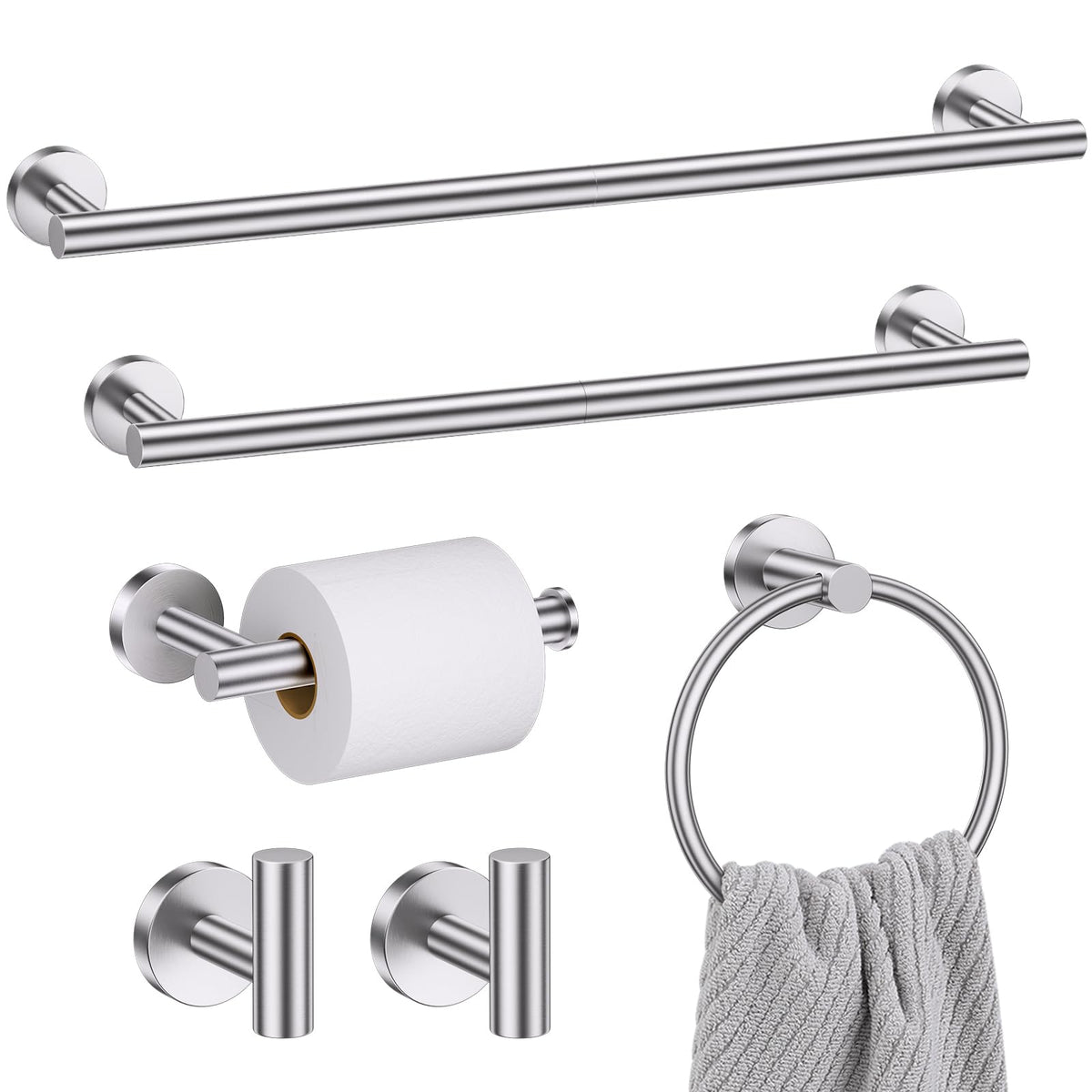 Brushed Nickel Bathroom Hardware Set, 6 Pieces Towel Bar Bathroom Accessories Set Toilet Paper Holder Towel Holder Towel Ring and Towel Hooks Wall Mounted, SUS304 Stainless Steel Towel Rack Set