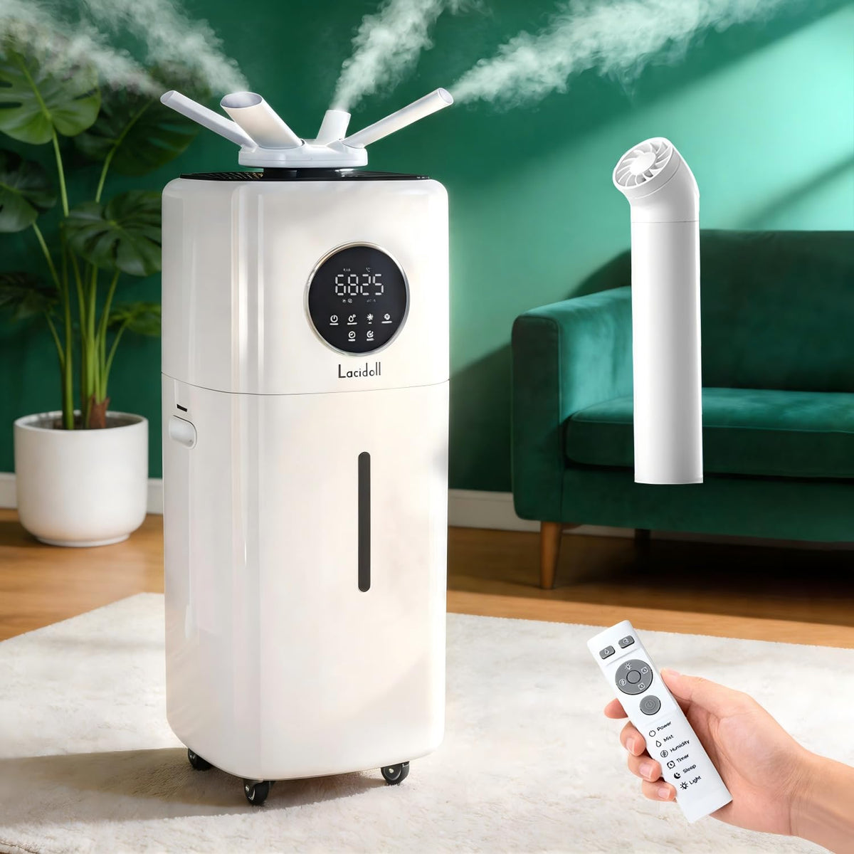 LACIDOLL 21L Whole House & Commercial Humidifier 2000 sq.ft, 5.5Gal White | Adjustable humidity, dual 360° nozzles & 3 mist speeds, leak-proof top fill cool mist, perfect for home, greenhouse & plants