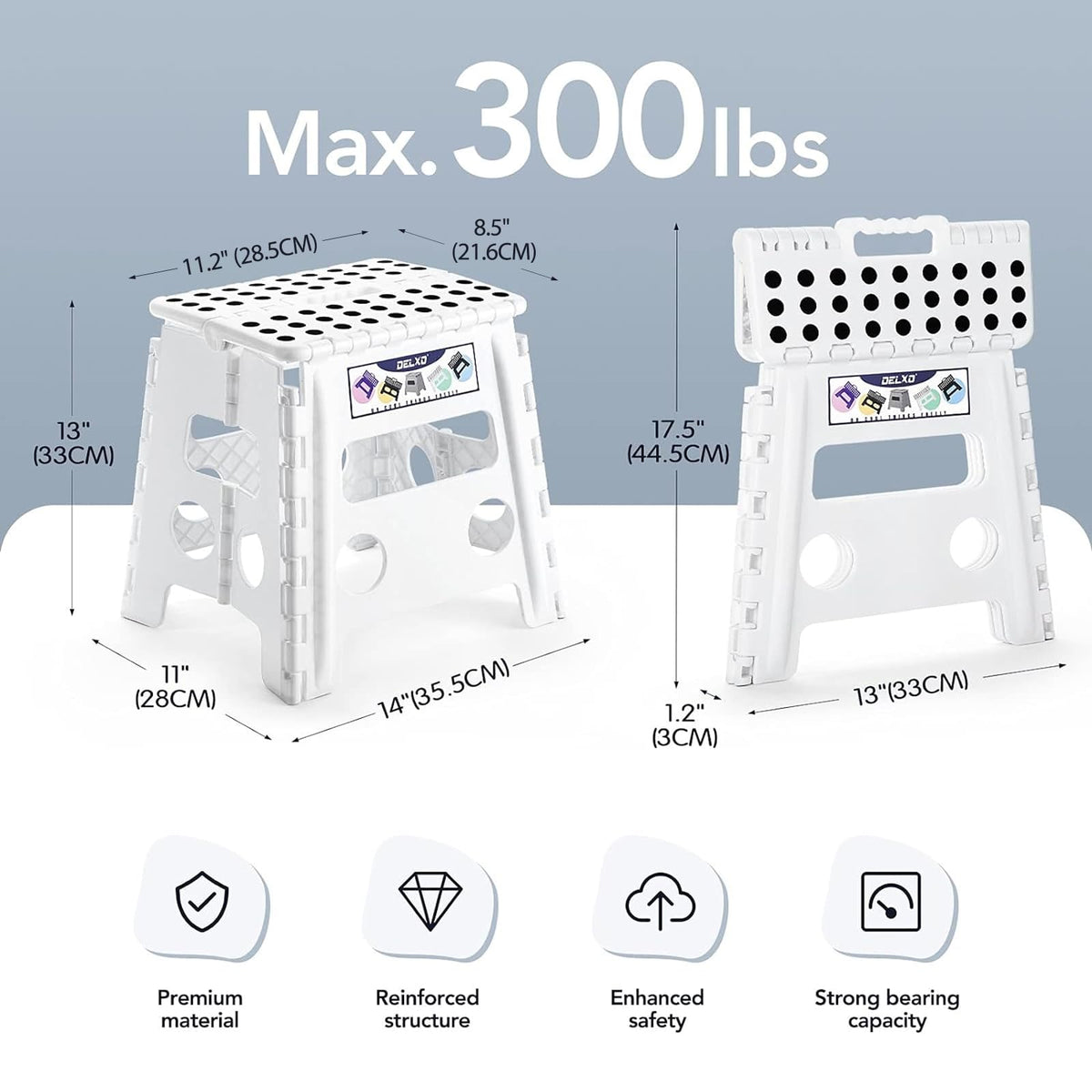 Delxo Folding Step Stool 13 Inch,300 Lbs Step Stool for Adults White