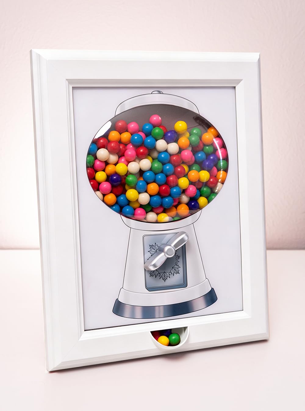 Candy Dispenser, Gumball Machine in a Frame, For Candies, Nuts, Dog & Cat Treats, Hang on Wall, Stand on Table, Birthday & Holiday Gift for All Ages, Large 15" x 12" (White)