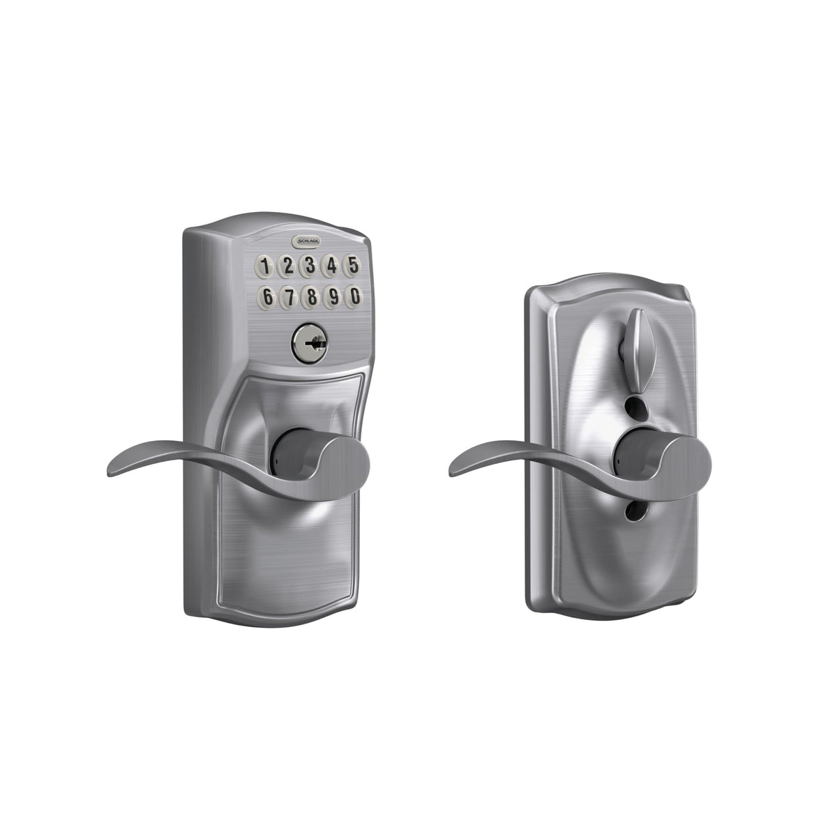 Schlage Camelot Keypad Lock with Lever Handle, Electronic Keyless Door Entry, Flex Lock Auto?Lock Option, Satin Chrome, FE595 CAM 626 ACC