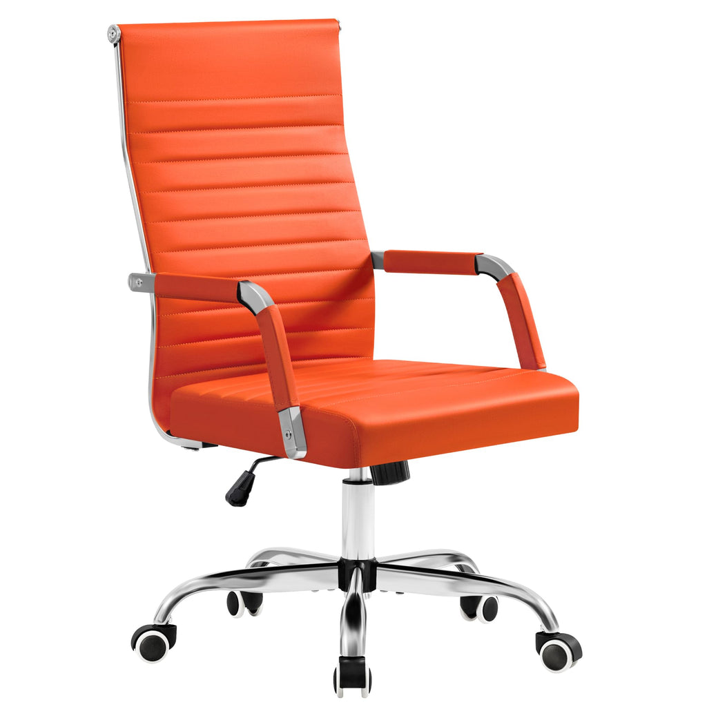 Furmax Ergonomic Office Desk Chair, Executive Ribbed Mid-back Pu Leather Conference Room Chair Adjustable Swivel Chair with Arms (1, Orange)