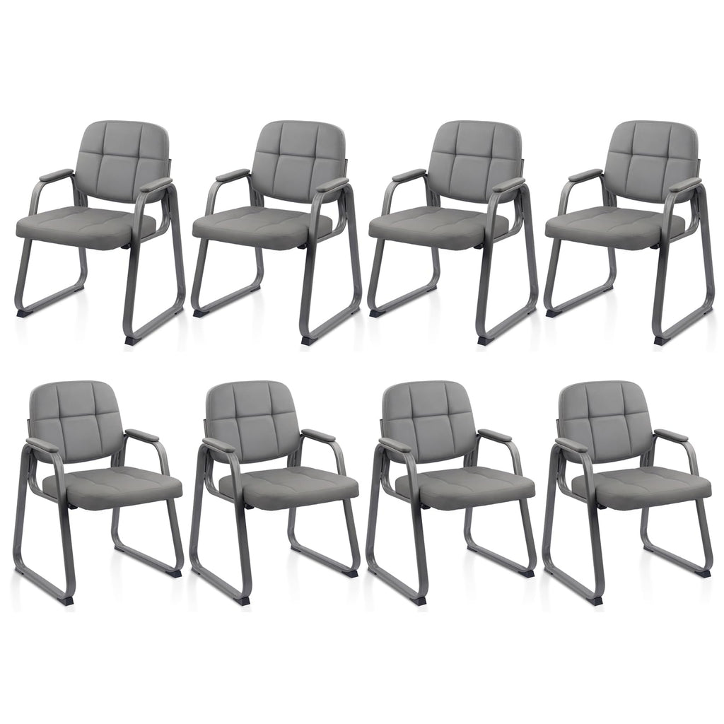 Clatina Leather Guest Chairs Set of 8, Office Reception with Padded Arms, Desk Chair with Sled Base for Office Conference Waiting Room, Grey