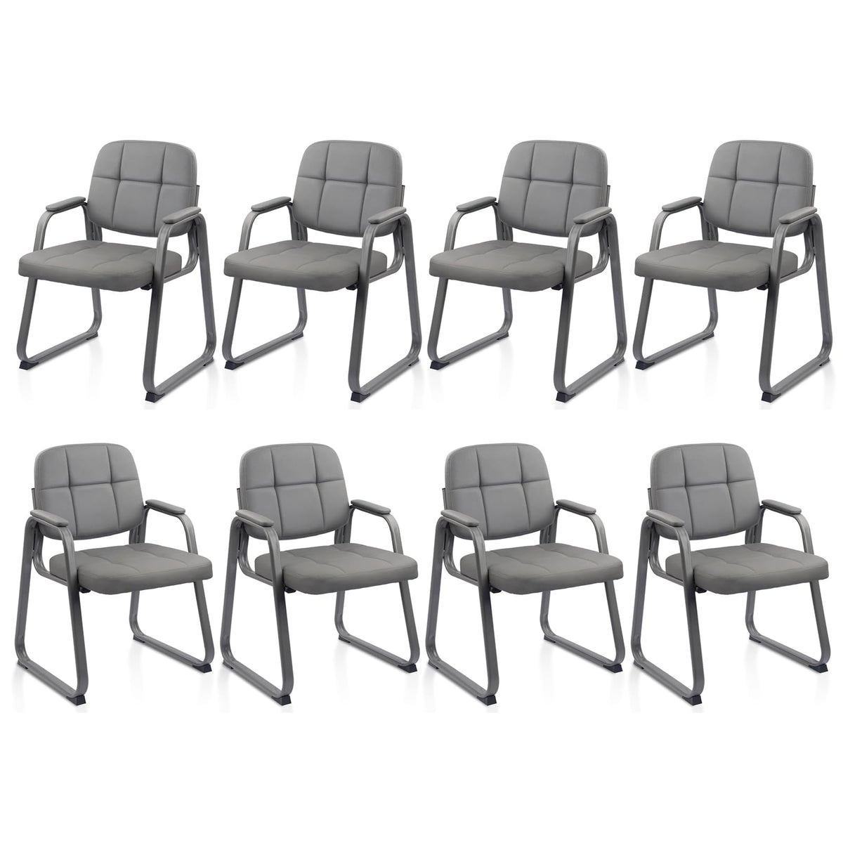 Clatina Leather Guest Chairs Set of 8, Office Reception with Padded Arms, Desk Chair with Sled Base for Office Conference Waiting Room, Grey