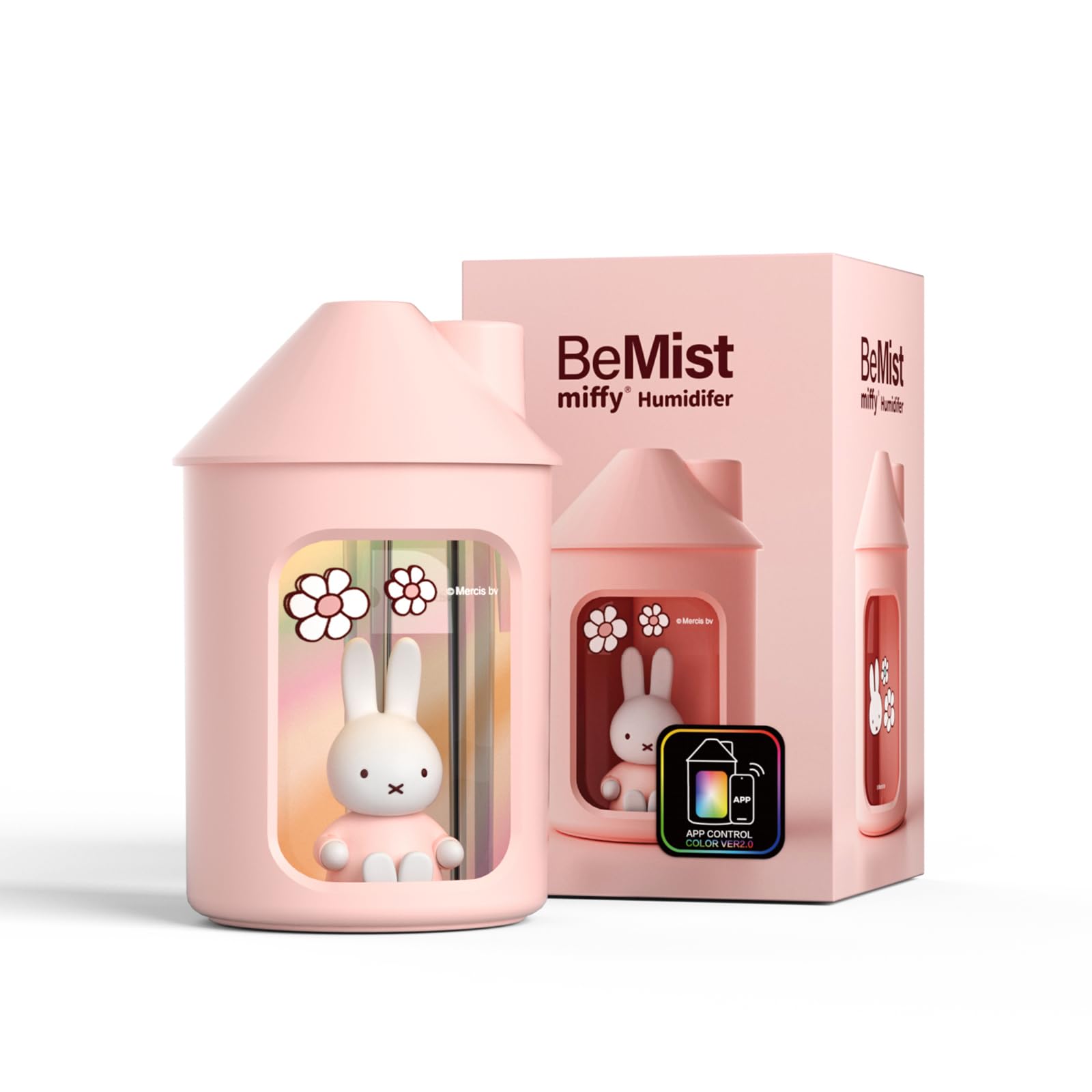 Mipow X Miffy Double Spray Humidifier 2.0 Smart App-Control RGB LED, Mini Cute Humidifier with Night Light, 500ml for Bedroom, Nursery/Office - Pink