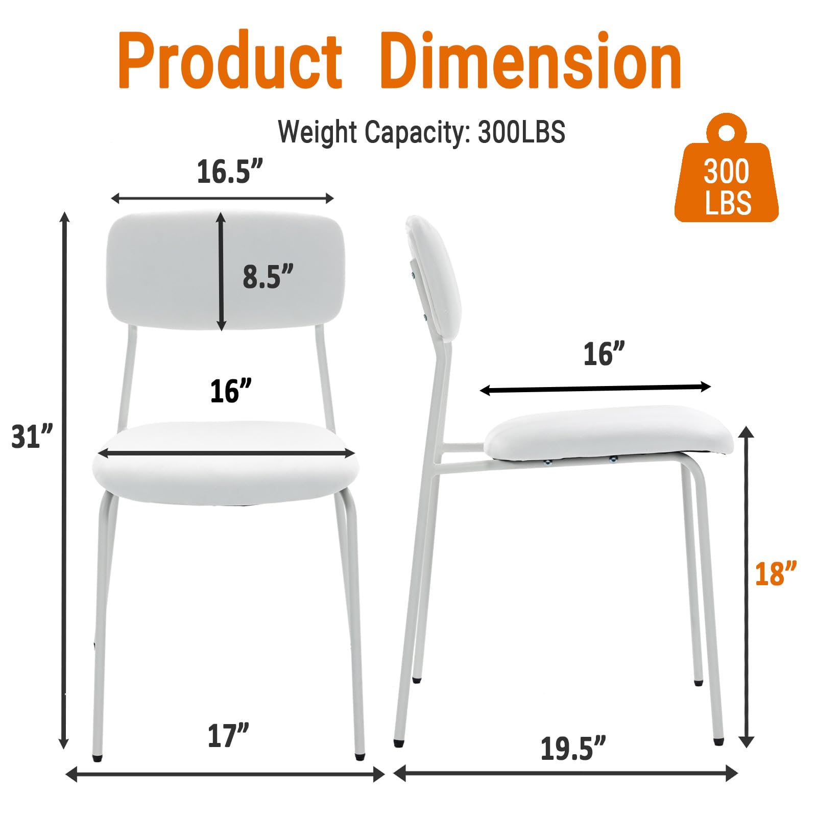 Sidanli Stackable Armless Chairs Set of 4, Small Upholstered White Chairs, Standard