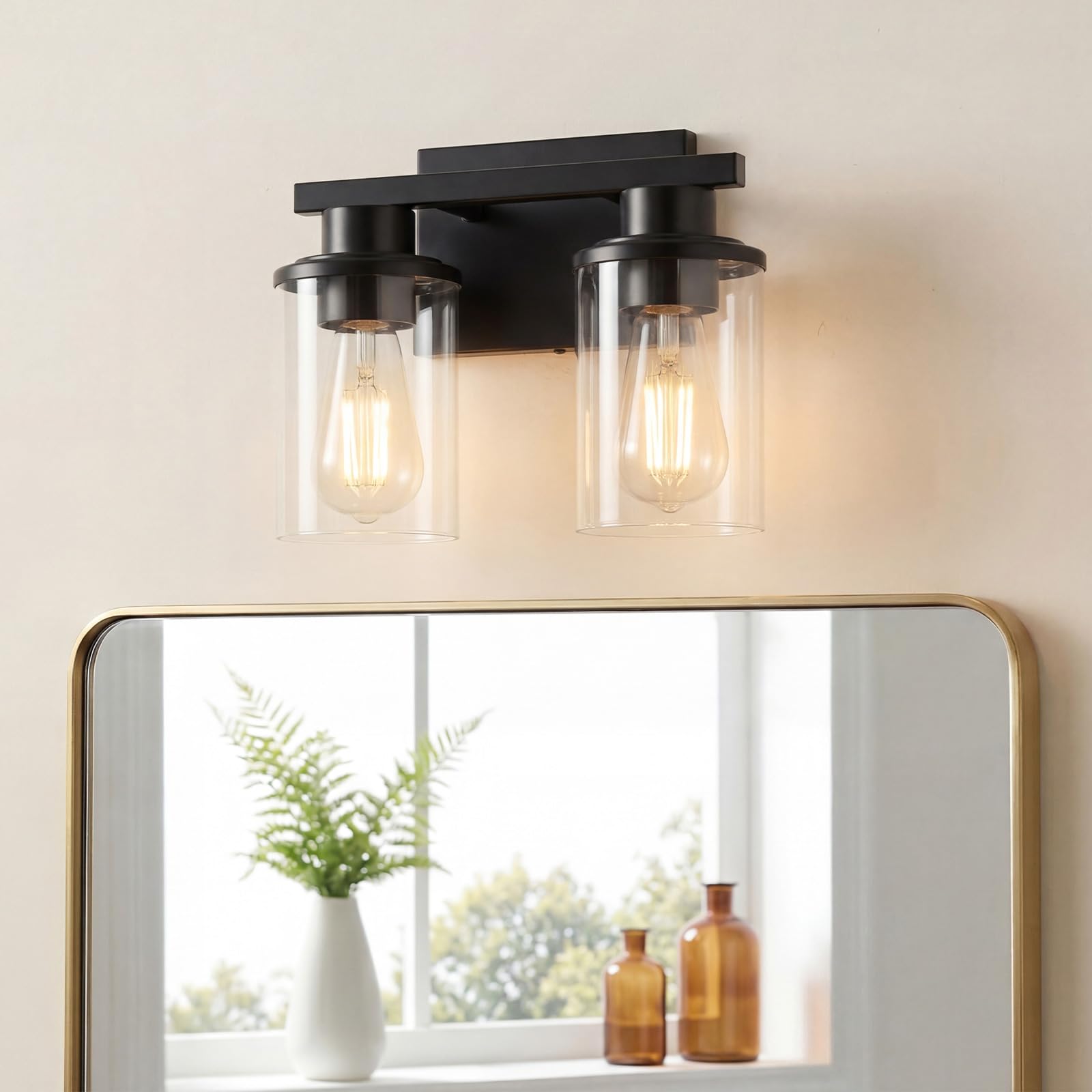 RUIGE 2-Light Matte Black Vanity, Clear Glass Bathroom Wall Sconce, E26 Base, Non-Waterproof FG2L-BK,?Bulbs Not Included?