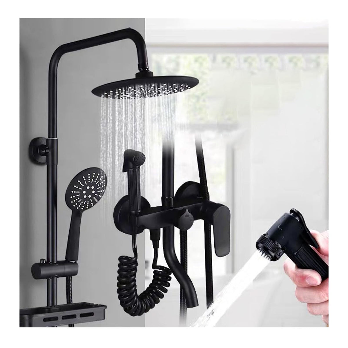 4-Function Shower System Tub Spout, Wall Mounted Shower Faucet Set with Rain Shower Head and Handheld, Bidet Sprayer, Shower Fixture Set for Bathroom, Black