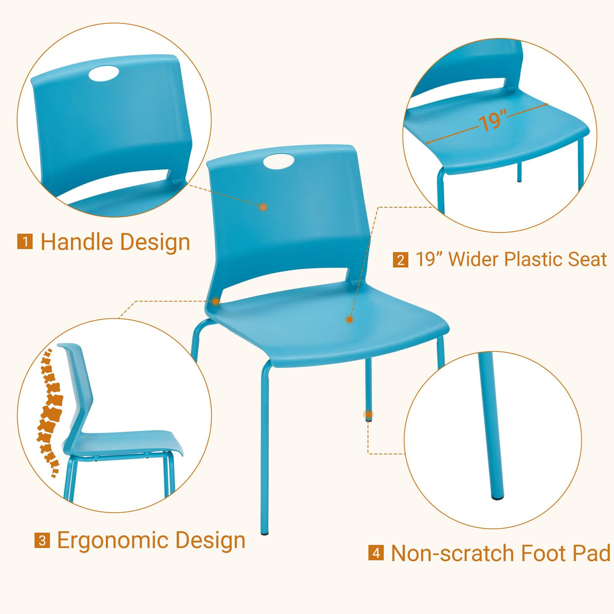Sidanli Waiting Room Chairs, Stackable Office Chairs with Comfortable Streamline Seat, Blue Stacking Chairs No Wheels for Meeting Room, Set of 4