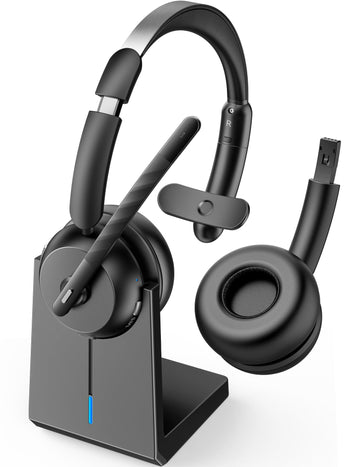 COSMUSIS Wireless Headset with Mic for Work, Bluetooth 5.3 Headsets with Microphone and Detachable Earpads, 50H Playtime with Charging Base, Noise Cancelling Headphones for Work with Mic Mute