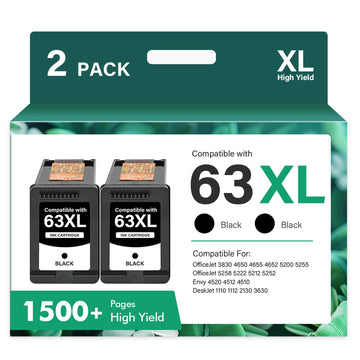 63 63XL Black Ink Cartridge 3830 4520 Replacement for HP63XL Ink 63 XL for HP Envy 4520 OfficeJet 3830 4650 5255 5258 5200 4655 4512 DeskJet 1112 3630 2130 2132 3632 Printer 2-Pack