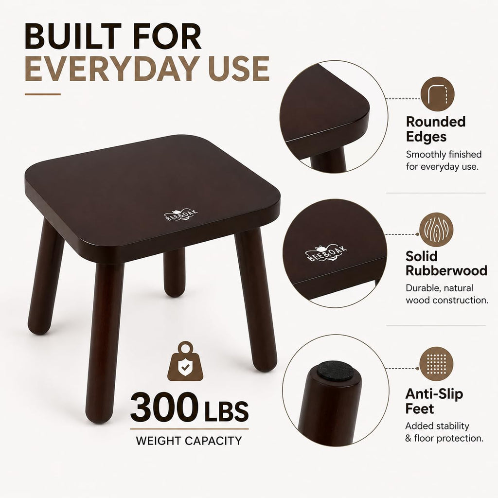 Bee&oak 11 Inch Wooden Step Stools for Adults, Solid Rubber Wood Non-slip Step Foot Stool, Heavy Duty 300 Lbs One Step Stool for Bedroom,