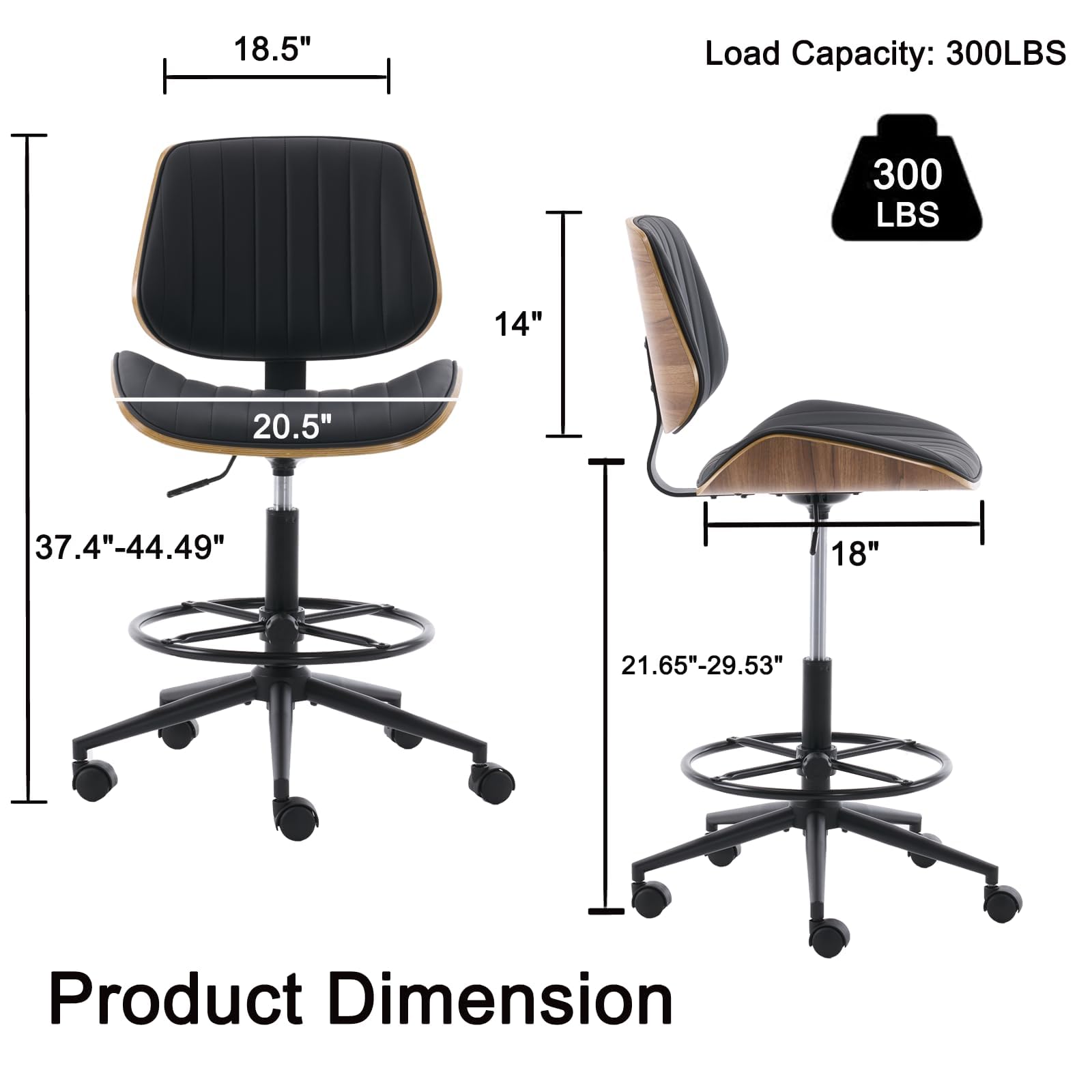 Deenziilix Drafting Chair for Standing Desk, Armless Tall Office Chair with Bentwood Backrest, Adjustable Height, Footrest Ring and Swivel
