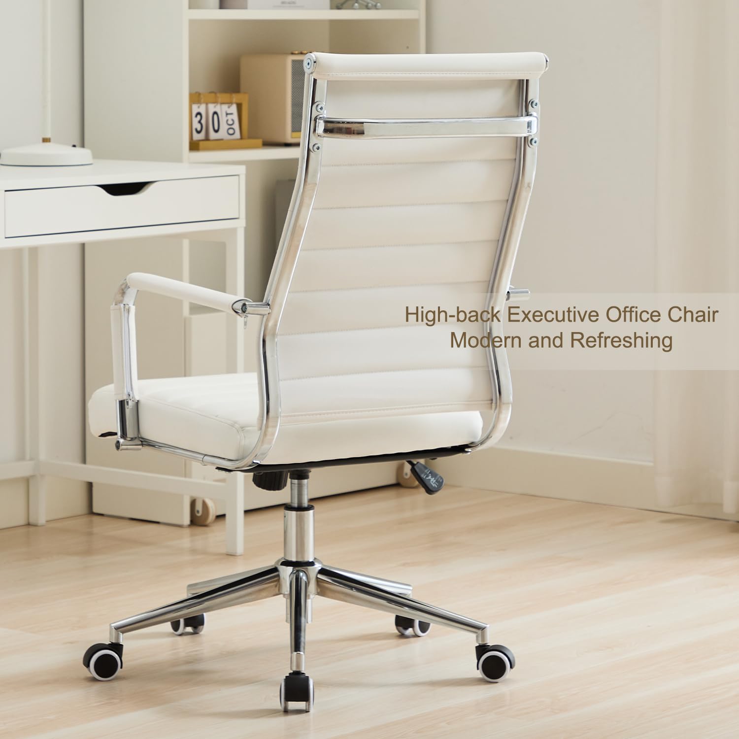 Office Desk Chair Leather, Conference Room Chairs with Wheels, Executive Modern High Back Ergonomic Swivel Rolling Ribbed Computer Chair?white?