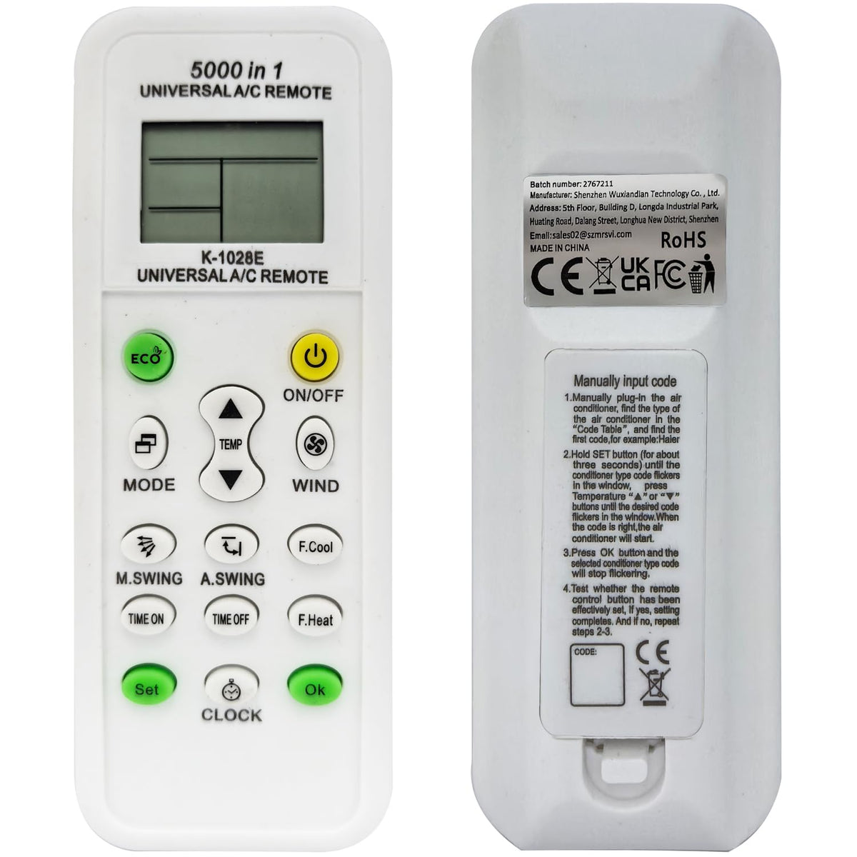 Universal AC Remote Control, 5000-in-1 Multi-Brand Compatible, K-1028E Model, LCD Display