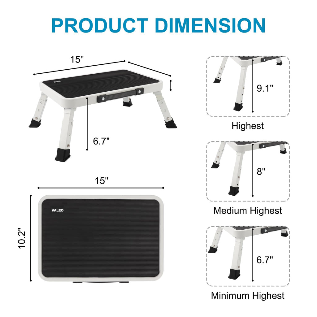 Valeo Folding Step Stool, Adjustable Step Stool with Non-slip Platform, 330 Lbs Capacity, Step Ladder for Adults or Kids in Kitchen, Bathroom,