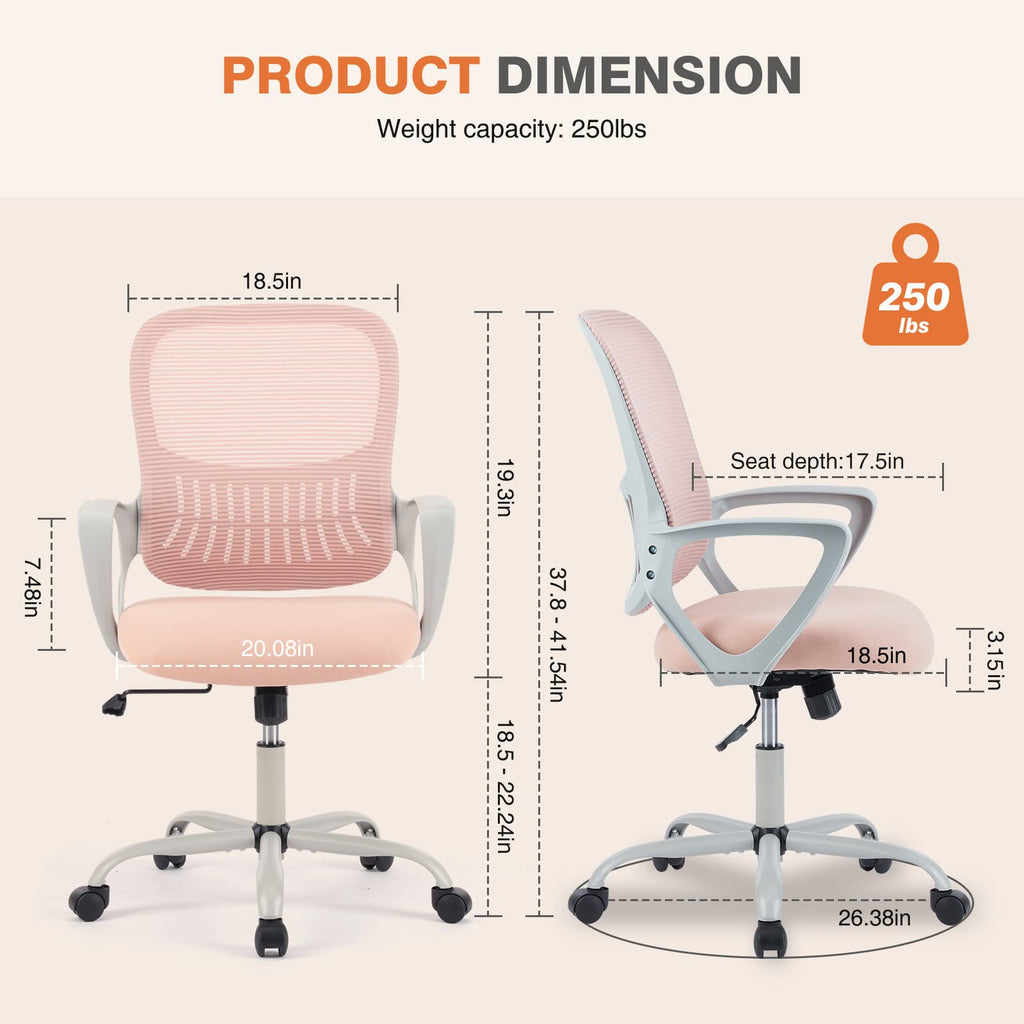 Sweetcrispy Home Office Chair, Mesh Office Chair, Lumbar Support, 18.5"D&Fixed Arm-Plus, Pink