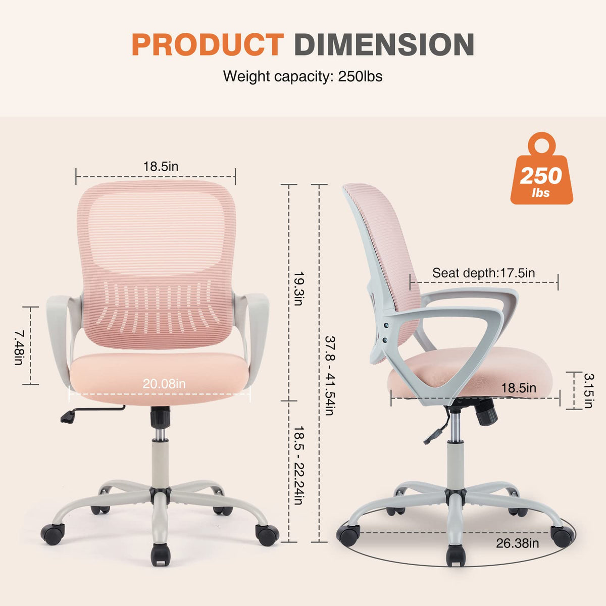 Sweetcrispy Home Office Chair, Mesh Office Chair, Lumbar Support, 18.5"D&Fixed Arm-Plus, Pink