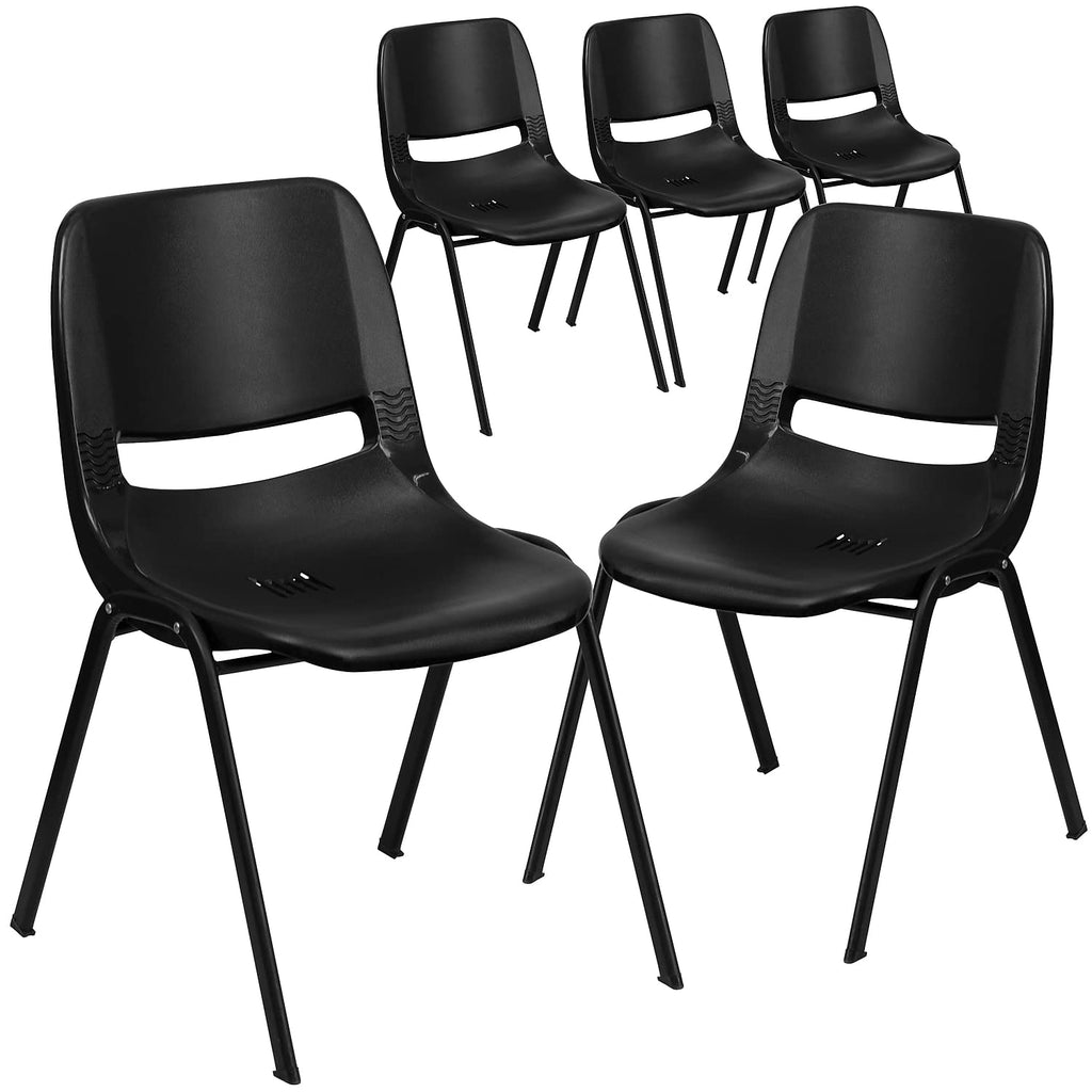 Flash Furniture Hercules 16 in Ergonomic Stack Chair, Black, 5-pack, Set of 5, Black Plastic/black Frame