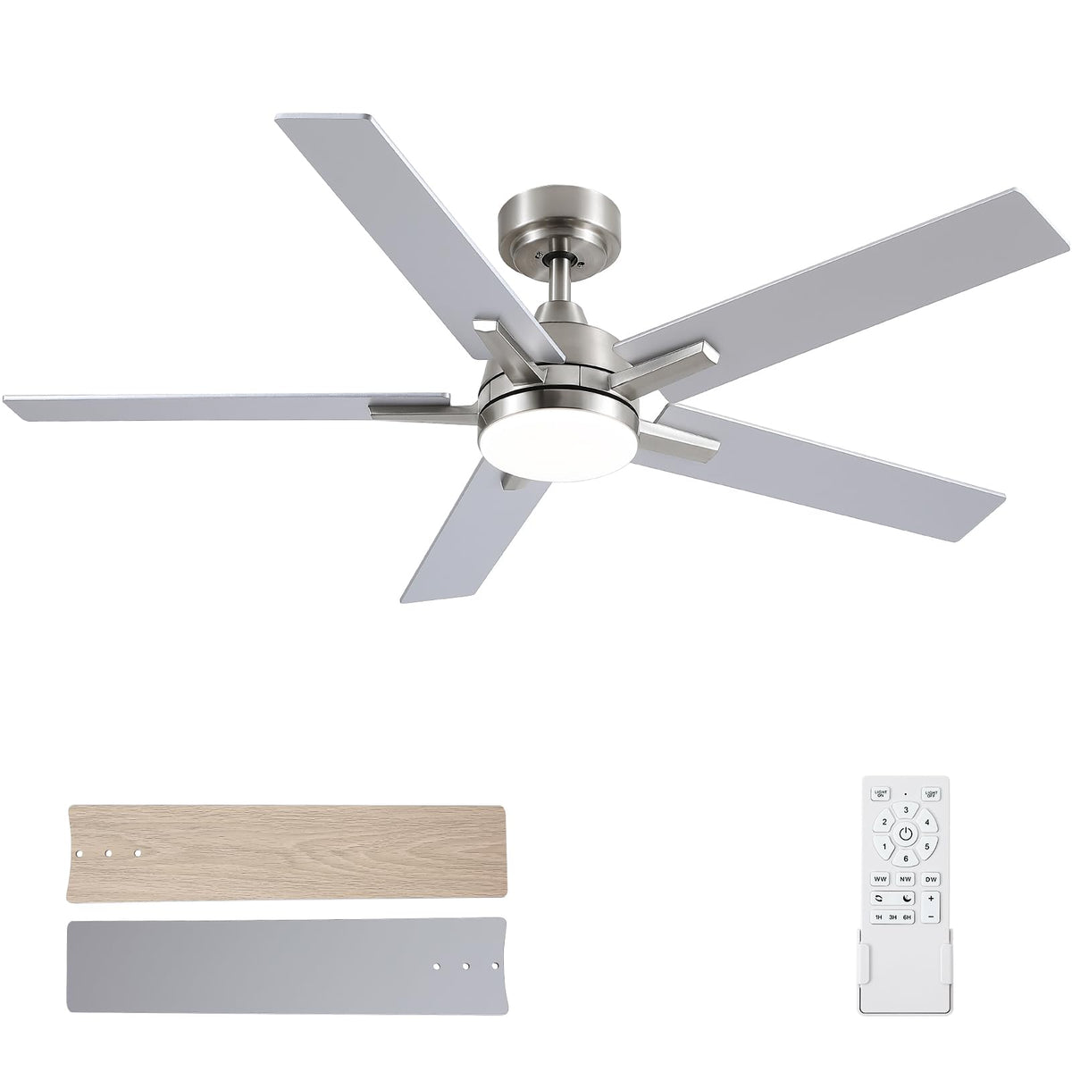 Ceiling Fans with Lights, 52 inch Brushed Nickel Ceiling Fans with Lights and Remote Control, Reversible, 3CCT, Dimmable, Noiseless, Downrod, Modern Ceiling Fan for Bedroom, Indoor/Outdoor Use