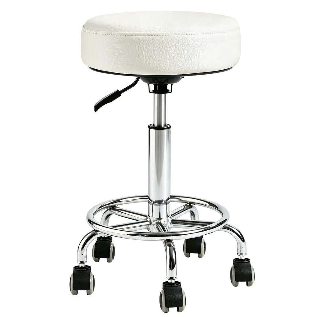 Limkomes 500lb Heavy-duty Adjustable Stool with Wheels, Round Rolling Chair, No backrest, White