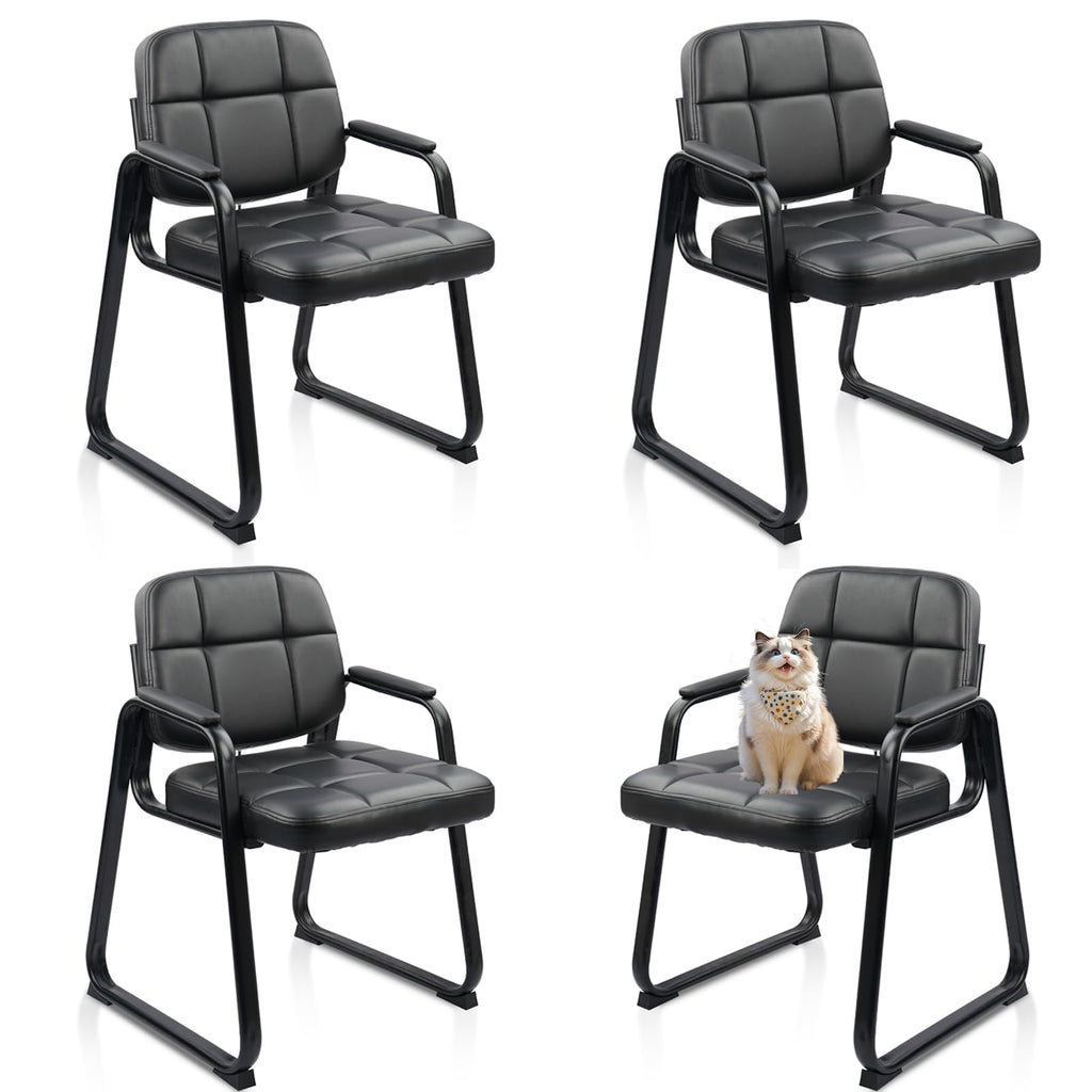Clatina Waiting Room Chairs No Wheels with Padded Arms Leather Guest Chair for Office Reception and Conference Desk with Sled Base Black, 4pk